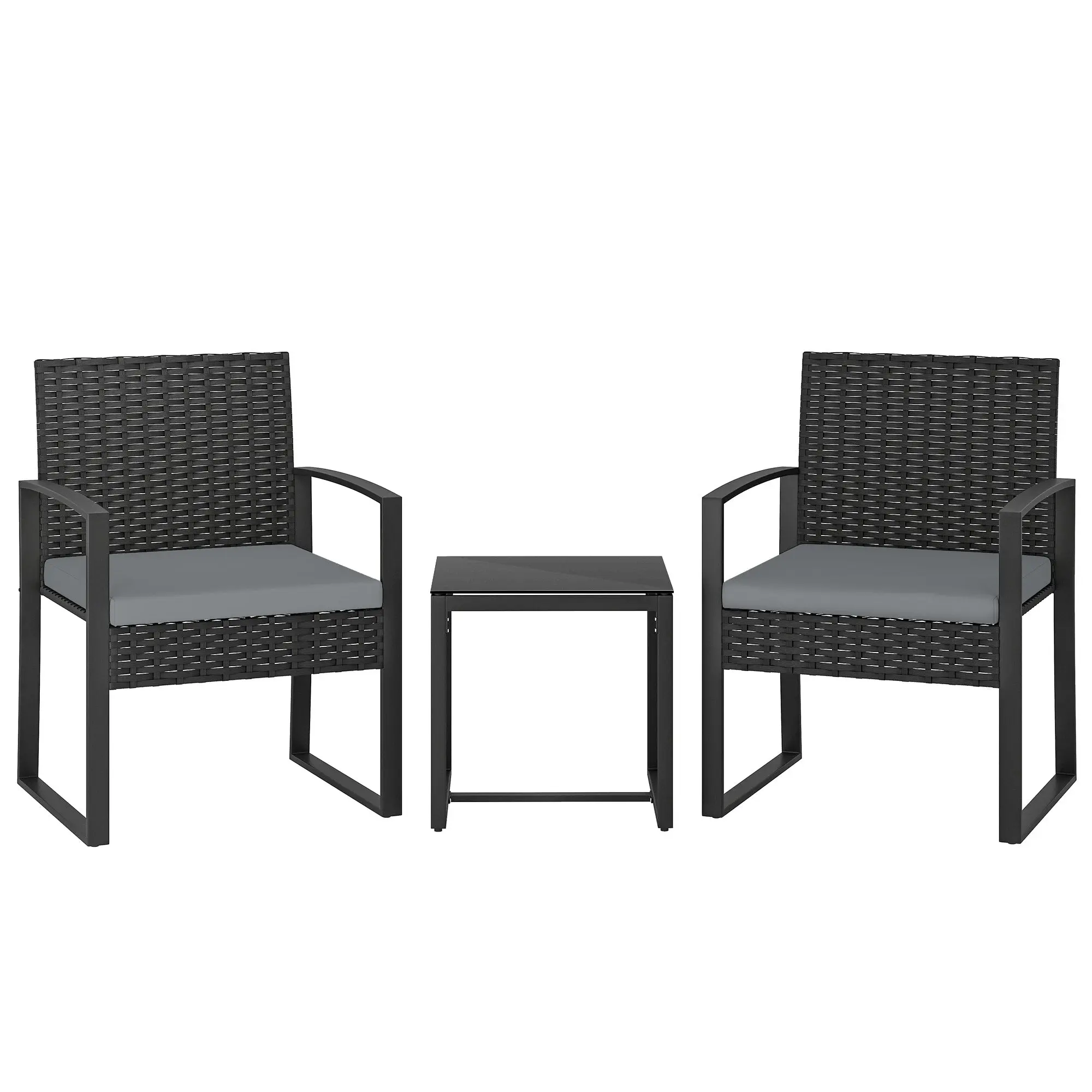 3-Piece Outdoor Rattan Bistro Set — 2 Chairs with Removable Cushions & Tempered Glass Table, Weather-Resistant, Light Gray