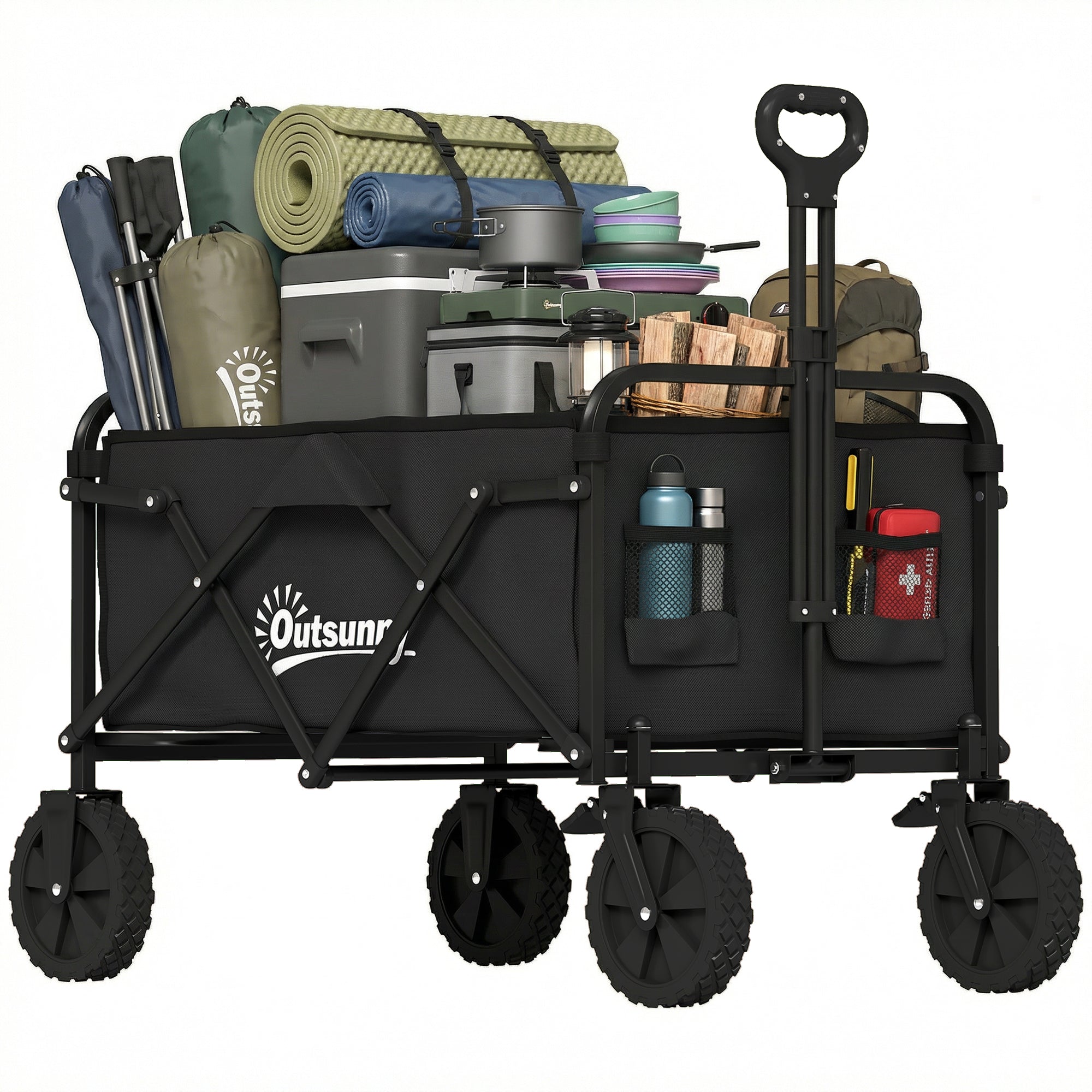 Outsunny sammenklappelig strandvogn med låsbare store hjul, justerbart håndtag, kopholder, metalramme — 90 L, 80 kg, sort