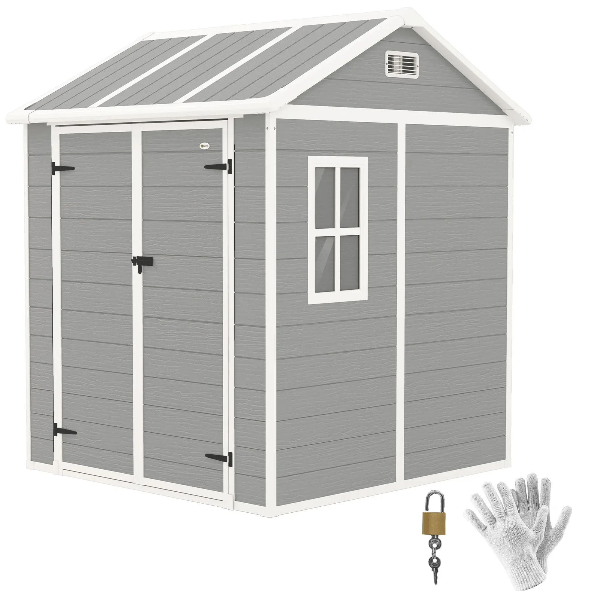 Garden Tool Shed in Weathered Wood Finish with Floor, 2.91m? Garden Shed with Double Doors and Lock, Sloping Roof, 181x181x220cm, Gray