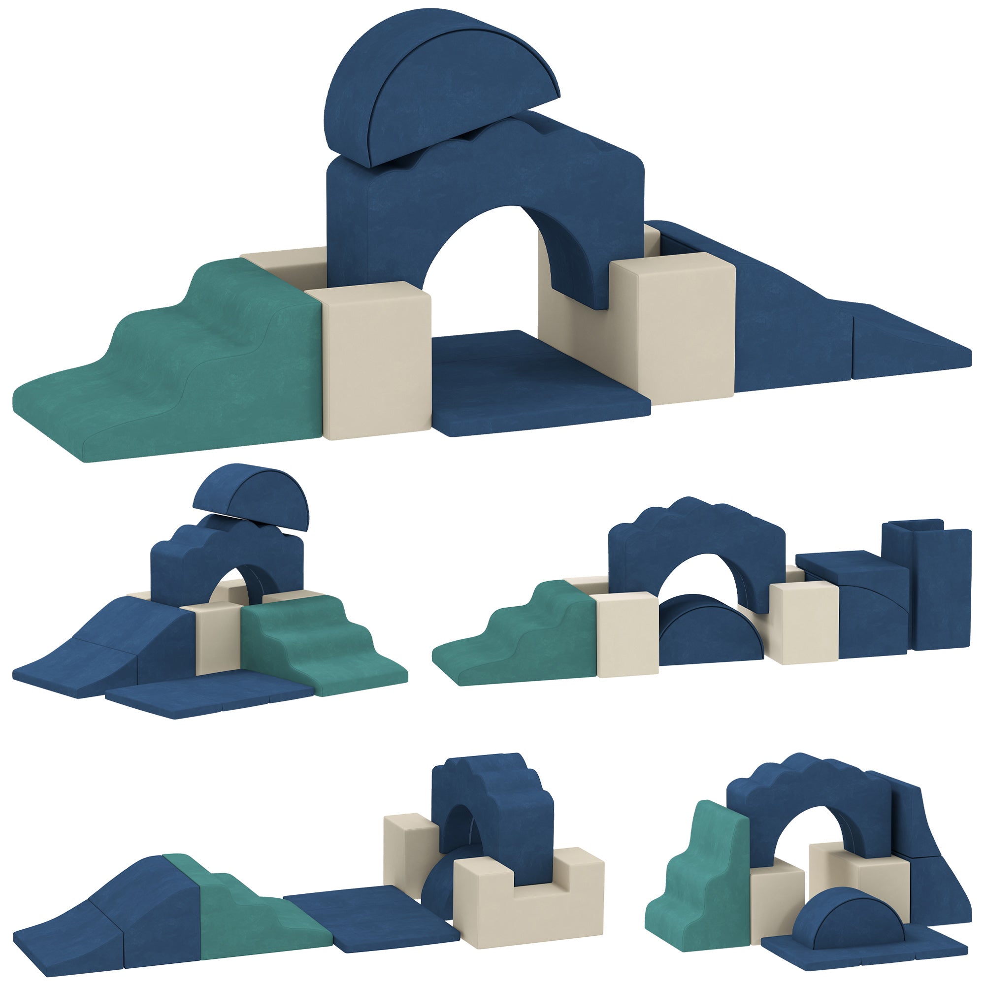 AIYAPLAY 7‑teiliges Motorik‑Set für Babys – Samtbezogene Schaumstoffmodule mit rutschfester Basis, Bausteine, Lernspielzeug für Kleinkinder, Blau