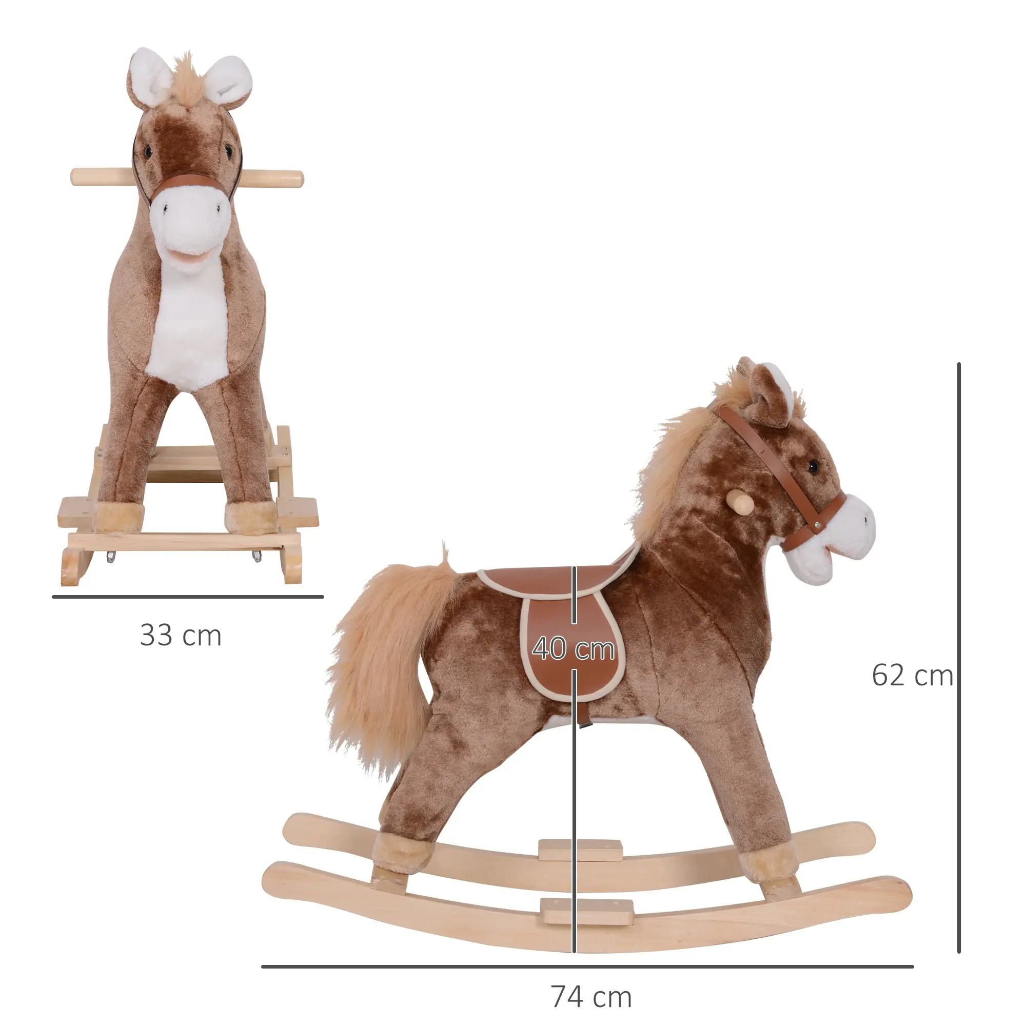 Rocking Horse Cowboy Saddle Grand Comfort Short Soft Plush Poplar Wood Brown
