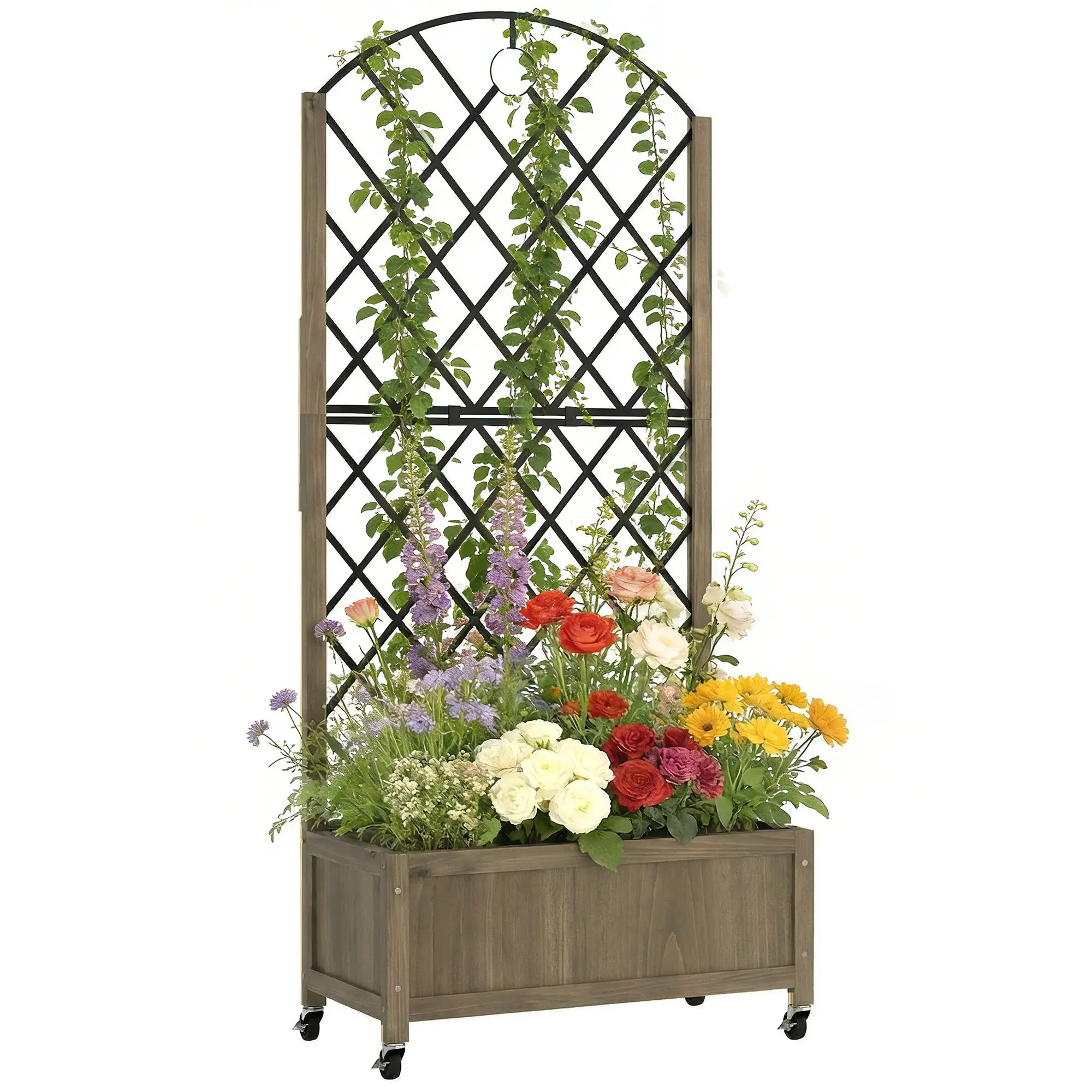 Charred Wood Planter with Metal Trellis & Wheels — Large Outdoor Raised Planter for Climbing Plants, Patio & Deck, 72 x 36 x 168 cm (Charred)