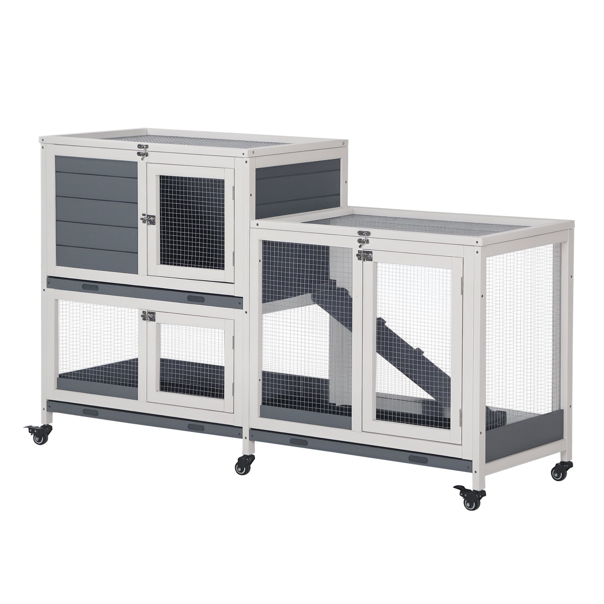 Wooden Rabbit Hutch with Wheels 147x45.5x88.5 cm 2-Level Cage for Rabbits with Openable Roof 2 Metal Runs 3 Removable Trays 3 Doors with Latch and Ramp Gray