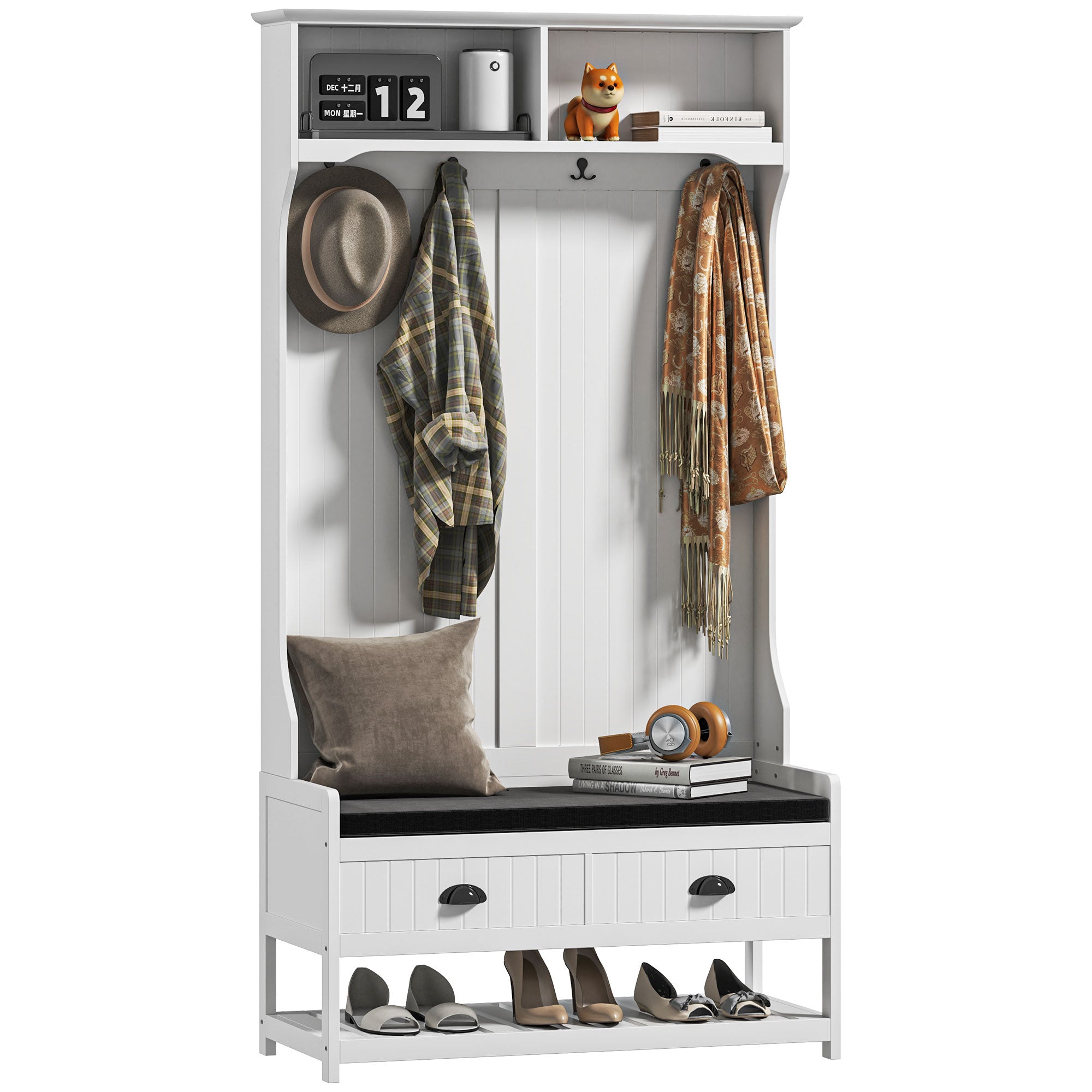 2-in-1 Coat Stand, Clothes Rack with 4 Hooks, Wardrobe with Shoe Bench and Shelves, Coat Stand with Anti-Tip Protection, for Entrance Area, Hallway, Bedroom, White+Gray