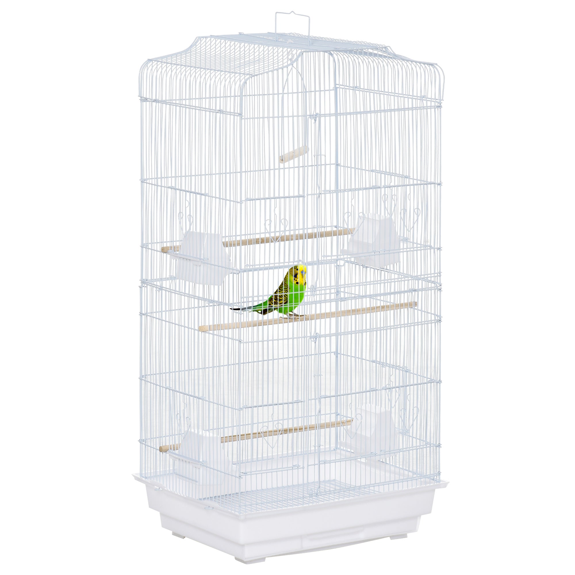 Клетка за птици PawHut 46.5x35.5x92 см Метална клетка с 4 хранилки, 3 дървени перка, люлка, подвижен под и транспортна ръкохватка за папагал, канарче и любовни птици