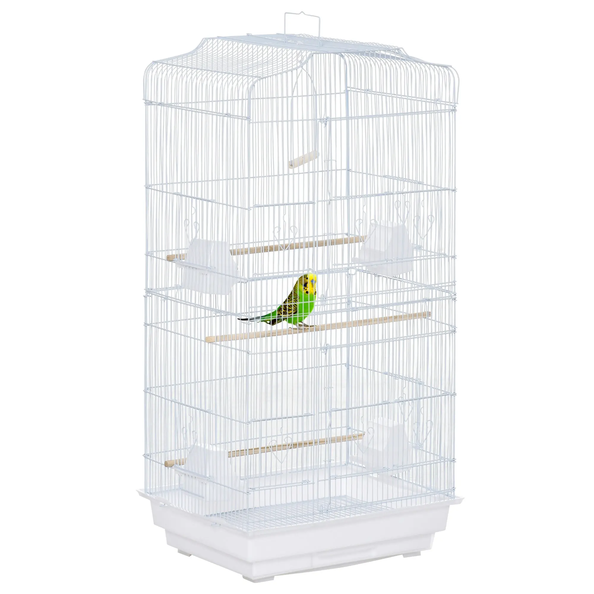 Bird Cage 46.5x35.5x92 cm Metal Birdcage with 4 Feeders 3 Wooden Perches Swing Removable Tray and Transport Handle for Parrot Canary Lovebird White