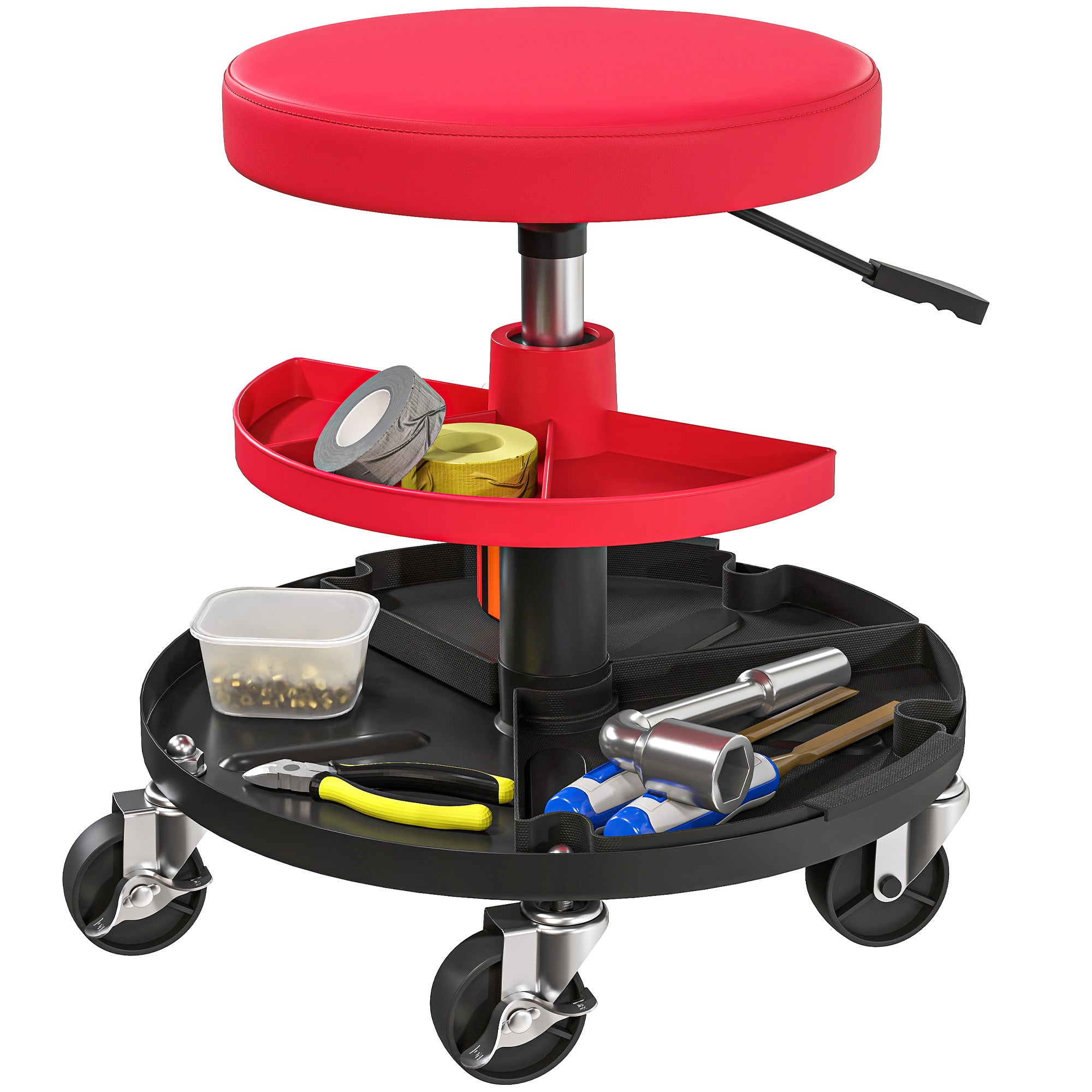 HOMCOM Workshop Stool mat Rieder Höhjustéierbar Trayen 40-51cm Rollende Stull bis 135 kg Lastfäegkeet Schwäivel Stull Rollende Sëtz Schwäivel Stull Ø38 cm Workshop Sëtz fir Workshop Rout