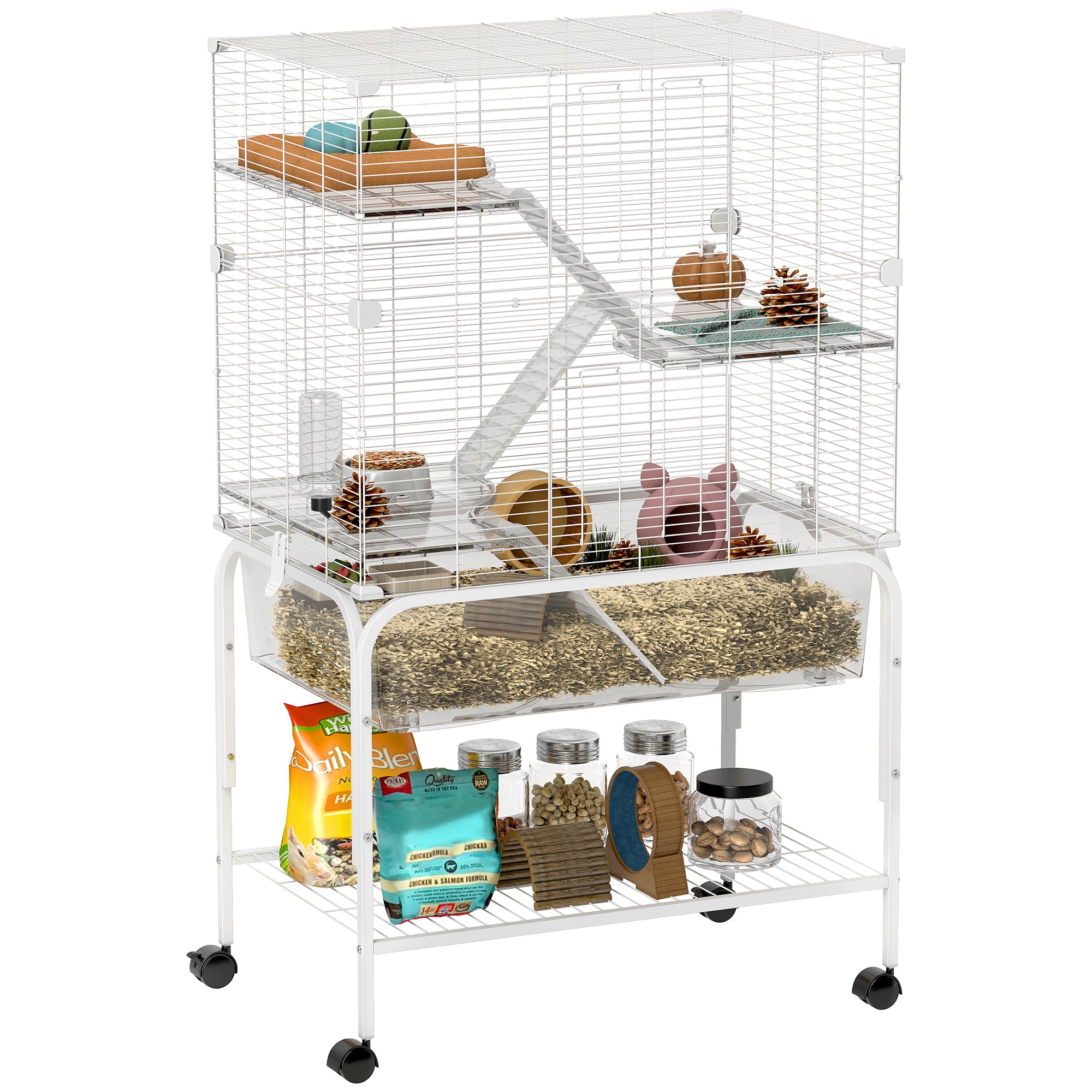 PawHut 4-Ebenen Käfig für Kleintiere mit Rollen - Nagerkäfig mit tiefem Tray, Rampen, Plattformen, Futter- und Wasserspender für Chinchillas, Frettchen, Hamster 73x47x123 cm Weiß