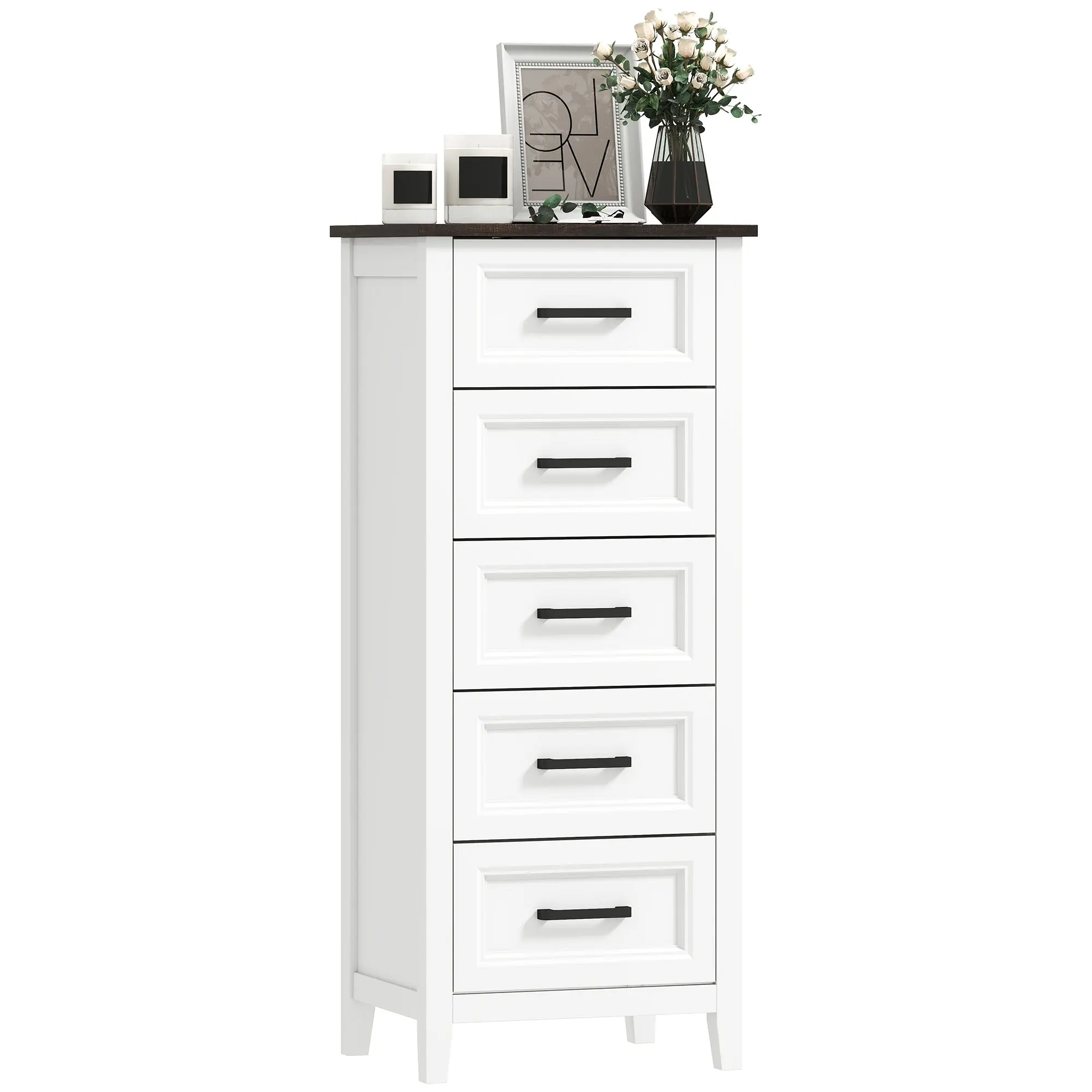 5-Drawer Narrow Chest — Tall, Space-Saving Dresser with Wood-Effect Top, White (17.7 x 13.8 x 41.7 in)