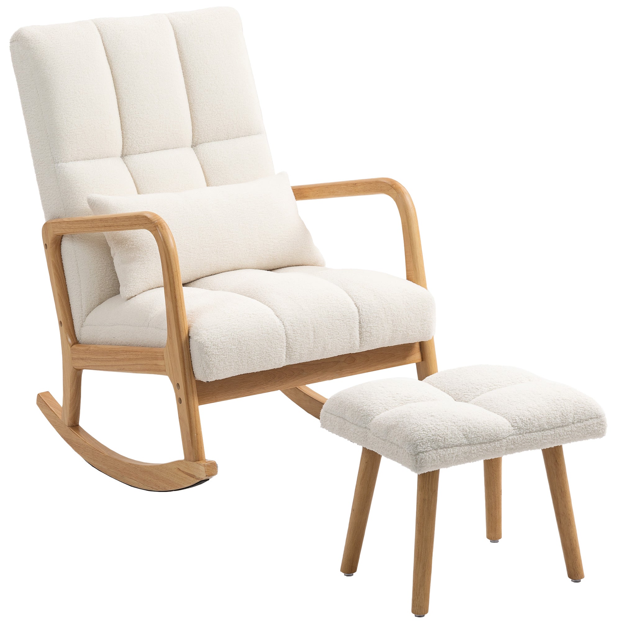 White Fleece Rocking Chair with Ottoman — Wide Seat, High Back, Wooden Rockers
