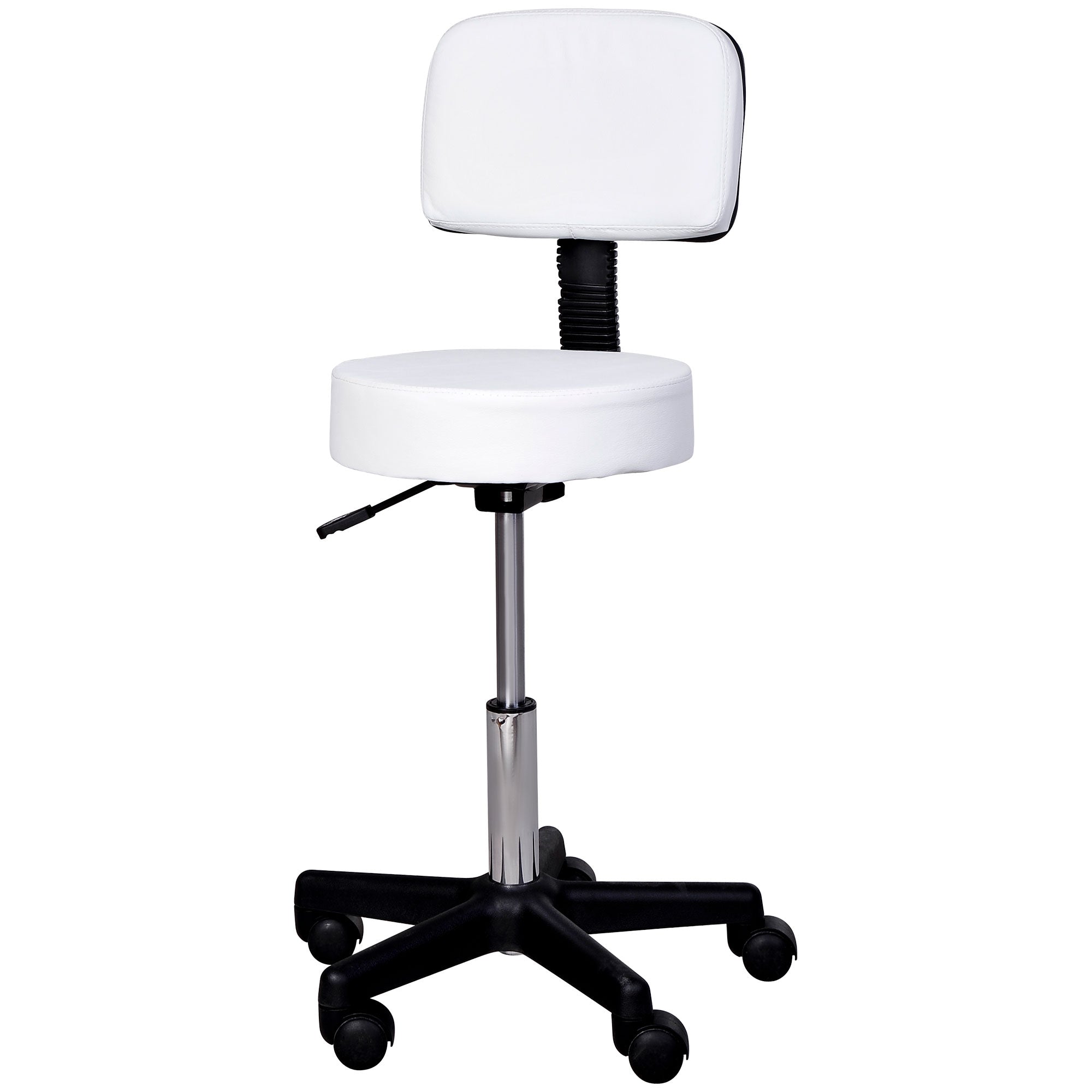 HOMCOM Magasságállítható Görgős Szék Backrest-tel, Forgó Szalon Szék Masszázs Irodához Műbőr Fehér Ø35 x 72-84 cm