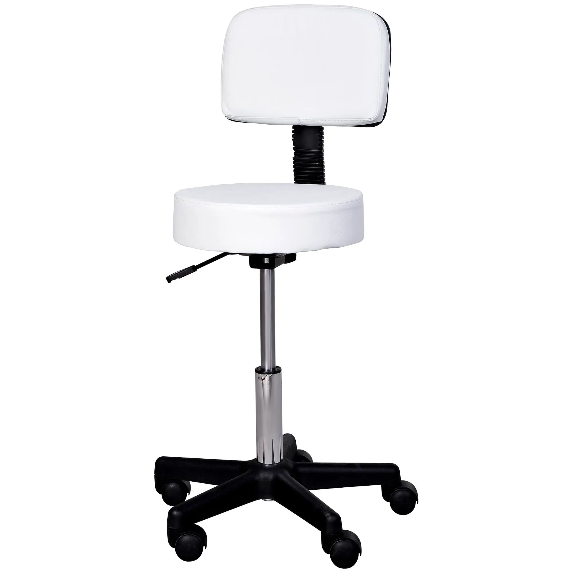 Rolling Stool Height Adjustable Work Stool with Backrest, Swivel Salon Stool for Massage Office Faux Leather White ?35 x 72-84 cm