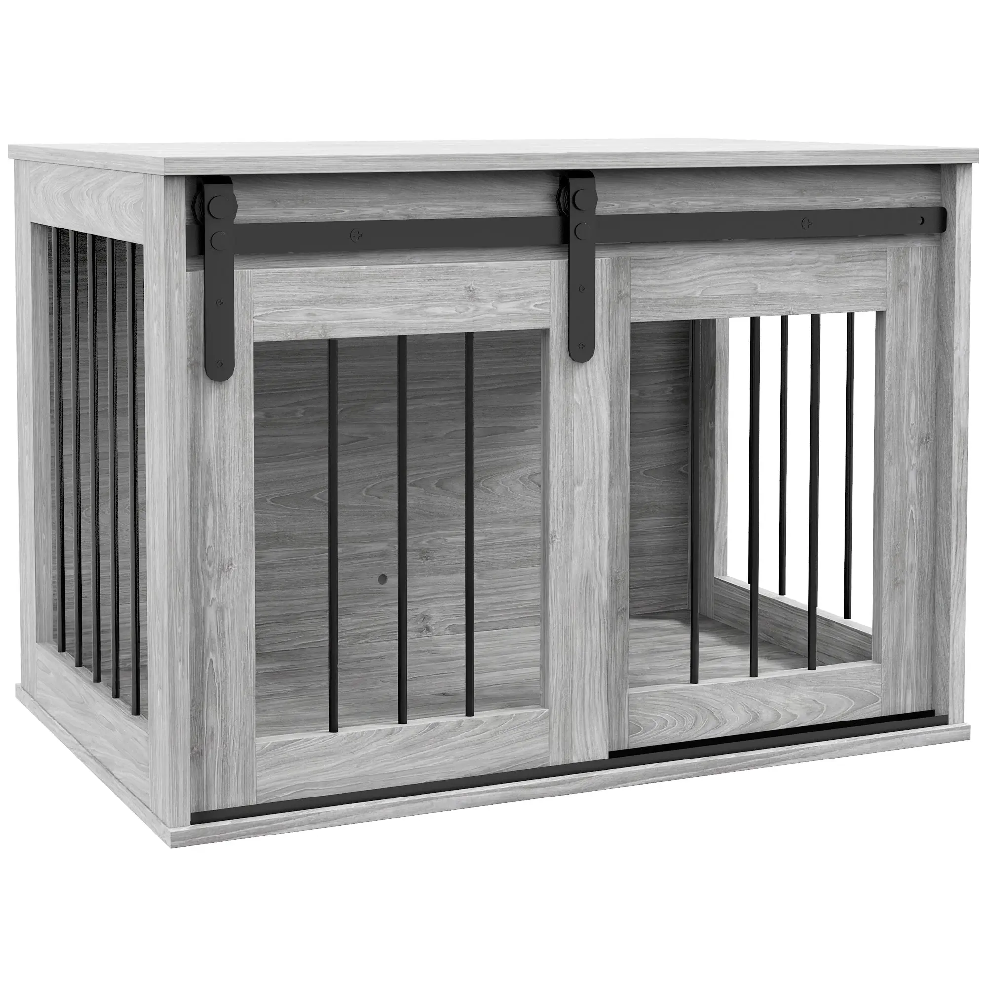 Wood-Effect Metal Indoor Dog Crate with Sliding Door & End Table, Gray — 31.5 x 21.3 x 22.4 in