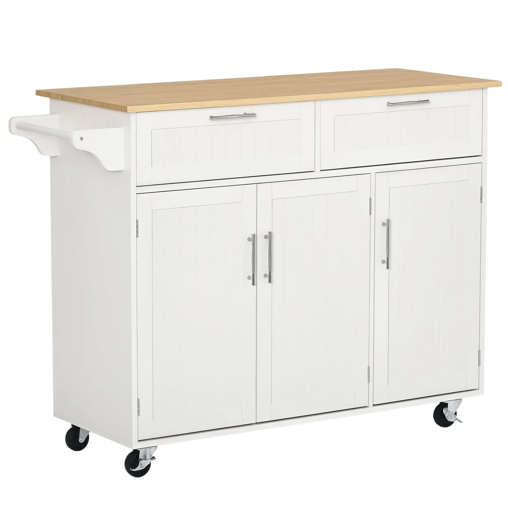 Kitchen Island with Wheels Kitchen Cart Kitchen Sideboard with 2 Drawers 3 Doors and Side Bar for Dining 121x46x91 cm Oak and White