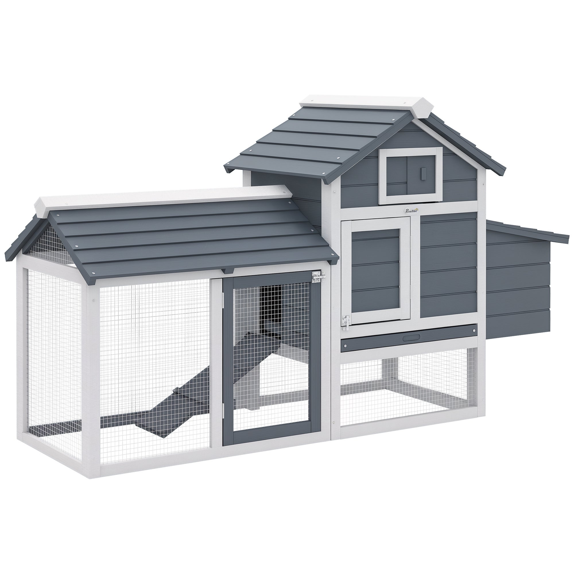 Wooden Chicken Coop with Run Outdoor Hen House for 2-3 Chickens Nesting Box Ramp Removable Tray Wire Cage Backyard Poultry House Grey