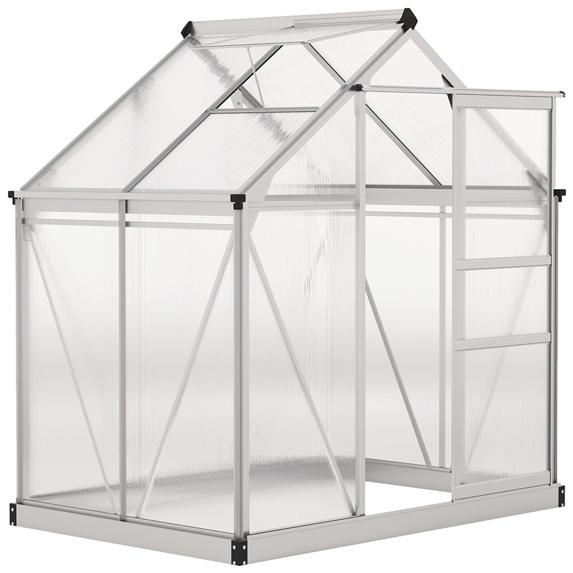 Aluminum Greenhouse 2.51 m² (27 sq ft) — 190 x 132 x 201 cm (74.8 x 52.0 x 79.1 in) with Galvanized Base, Roof Vent, Sliding Door, 4 mm UV-Resistant PC Panels — Outdoor Garden Greenhouse / Tomato House / Cold Frame