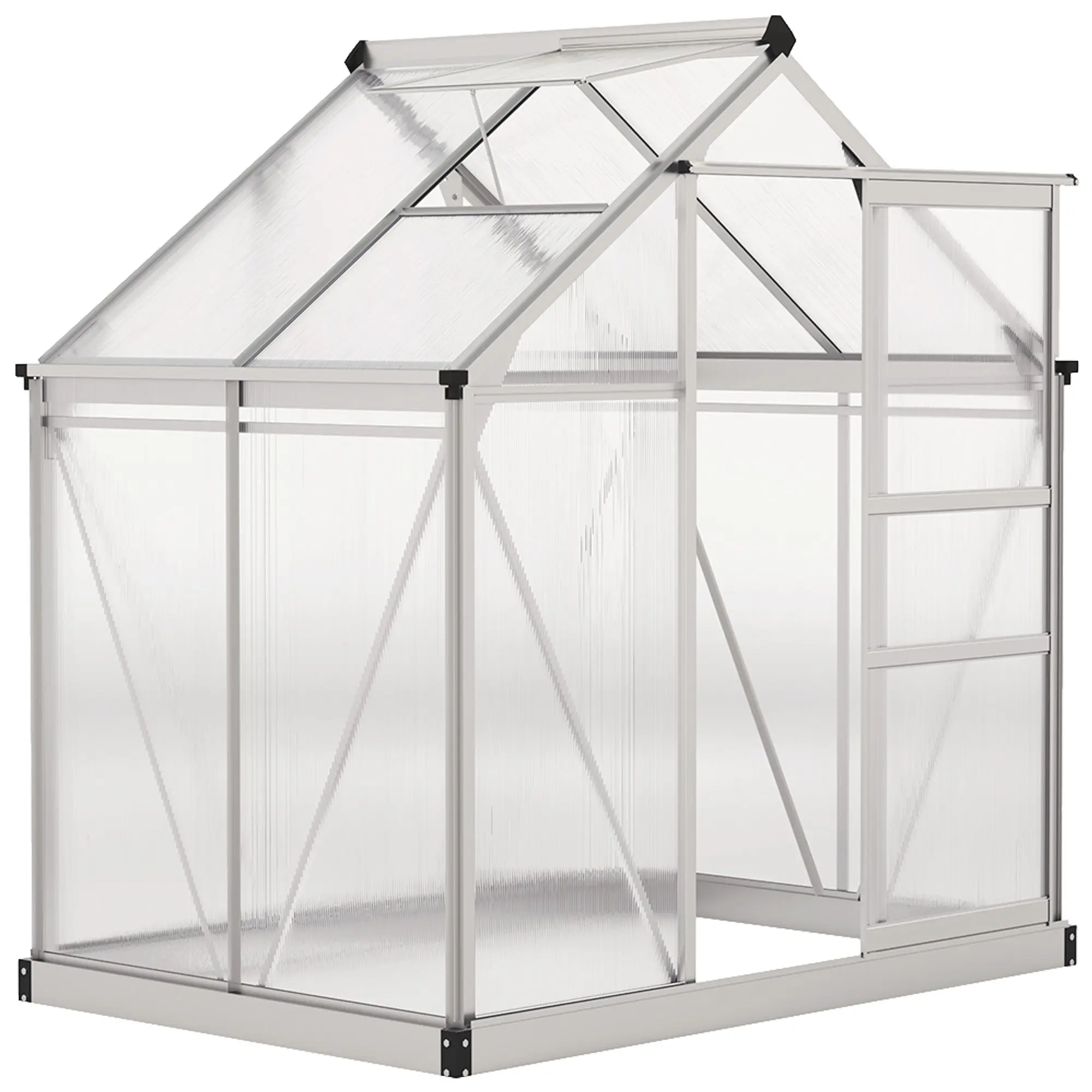 Aluminum Greenhouse 2.51 m² (27 sq ft) — 190 x 132 x 201 cm (74.8 x 52.0 x 79.1 in) with Galvanized Base, Roof Vent, Sliding Door, 4 mm UV-Resistant PC Panels — Outdoor Garden Greenhouse / Tomato House / Cold Frame