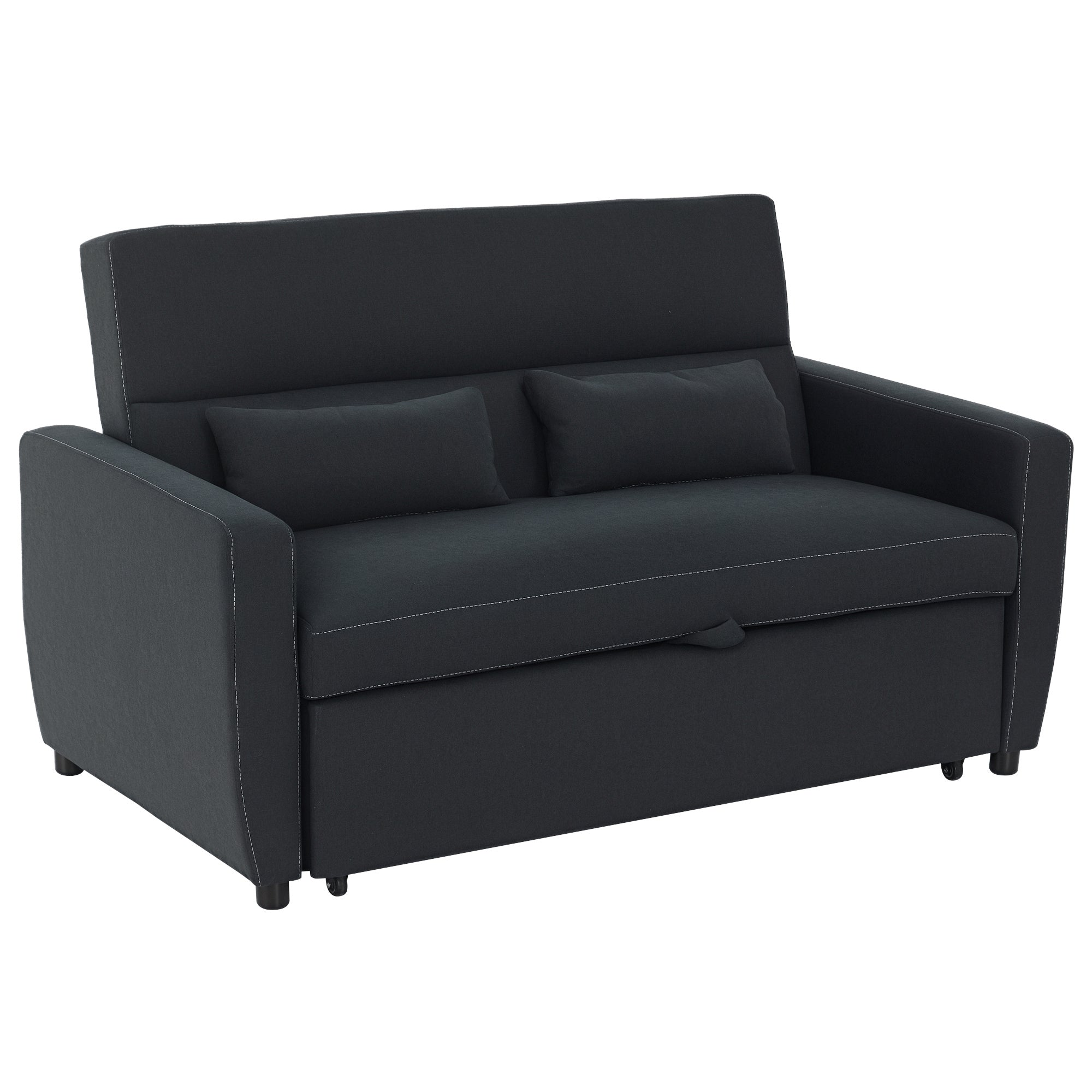 HOMCOM Schlofzofa, 2-Sëtz Sofa mat Schlofsfunktioun, Ugestallbaren Récklehne, Couch mat Këssen, Velvet Look, Sofa Bett fir Wunnzëmmer, Gäschtzëmmer, Schwaarz