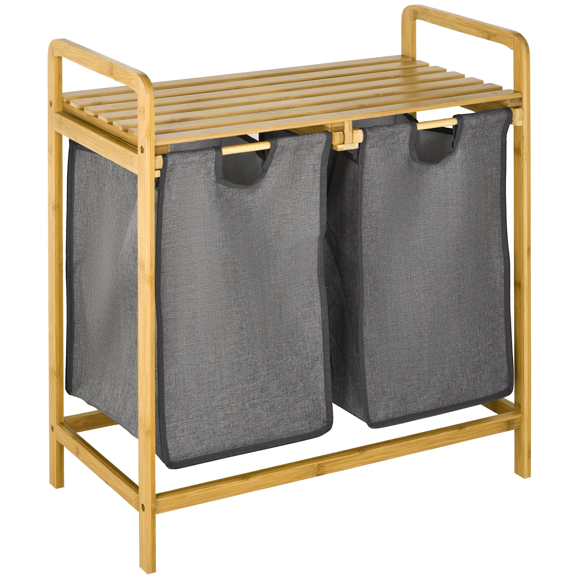 Bamboo Laundry Basket 2 Compartments Laundry Collector with Handle, 2 Removable Laundry Bags, Platform, Laundry Box Laundry Sorter for Laundry Room Bedroom Bathroom Natural+Gray