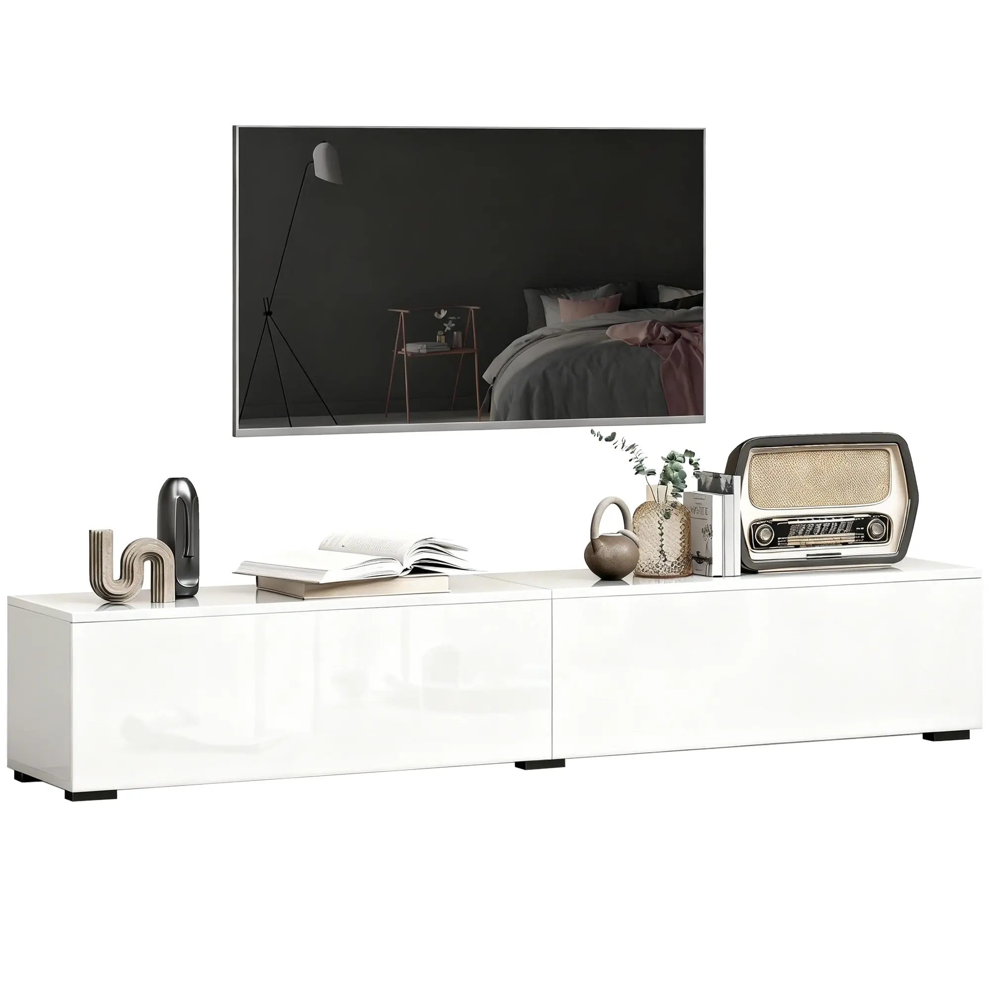 Wall-Mounted TV Unit, 71" Wide, Fits up to 75" TVs — Modern Living Room Cabinet with Push-Open Doors & Cable Ports, Glossy White