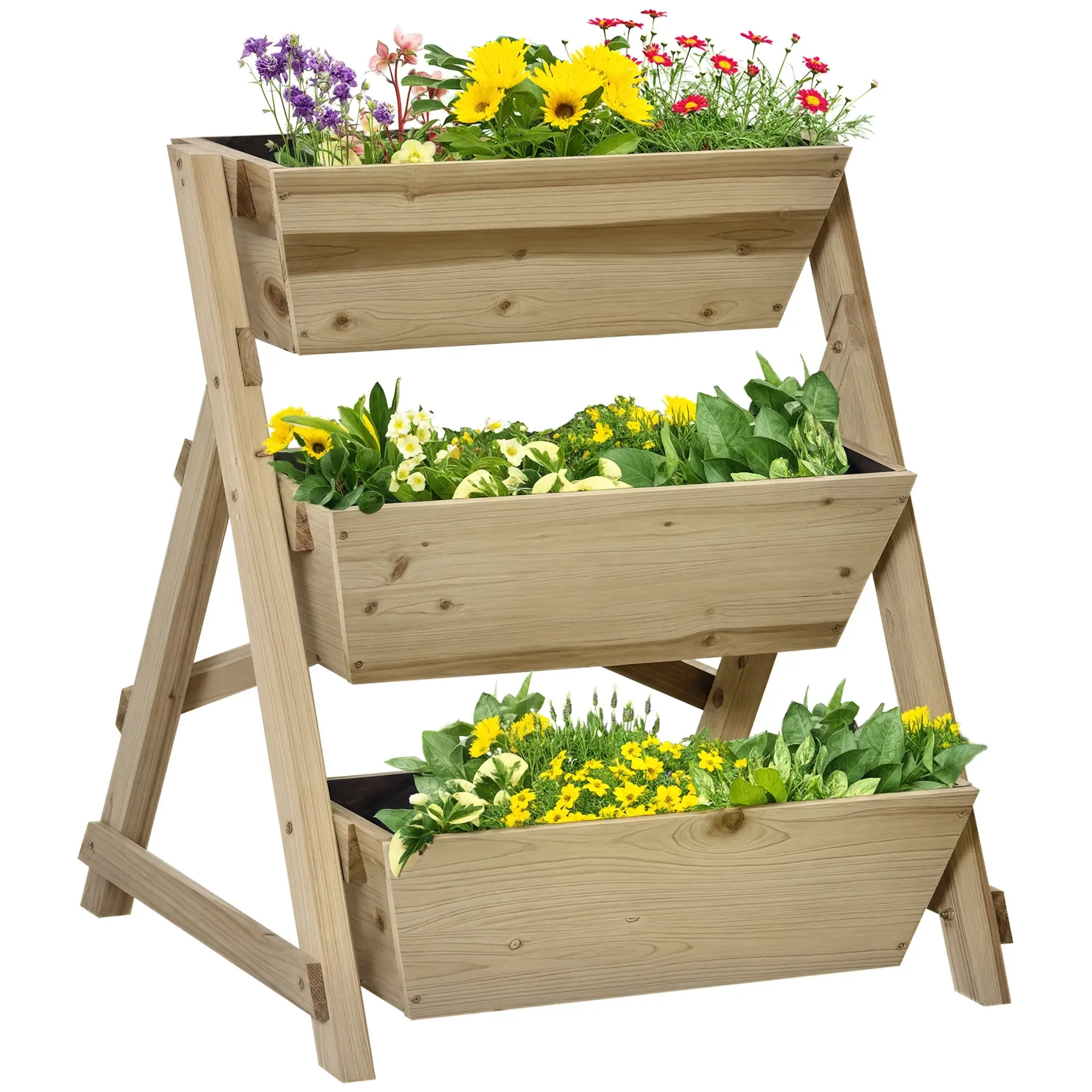 3-Tier Wooden Vertical Planter Box with Non-Woven Fabric and Drainage Holes Urban Garden for Plants Pots Flowers Garden 71x61x77 cm Natural