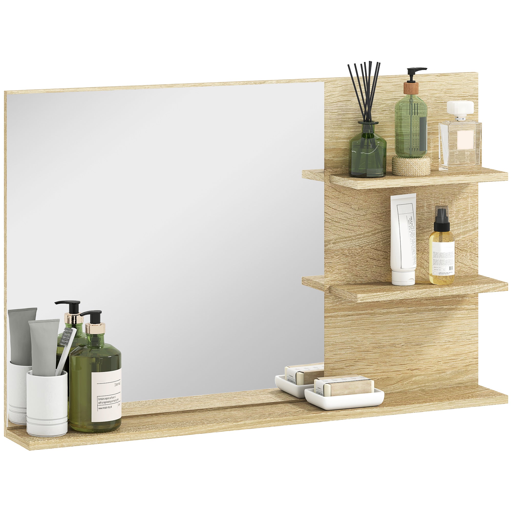 Kleankin modernen Buedemëll mat 2 Säiteregalen an ënneschten Regal, Wandspéigel aus MDF a Glas, 75x10x48 cm, Holzfaarf