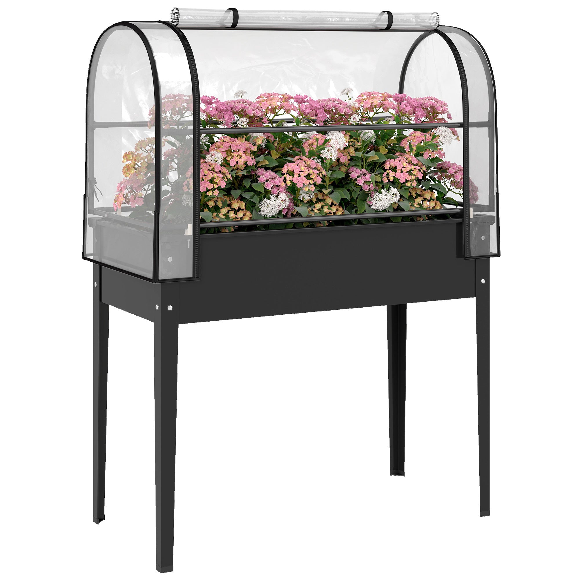 Outsunny Hochbeet mit abnehmbarem Gewächshaus, Klappdeckel mit Roll-Up-Reißverschlusstür, Ablauflöcher, Metall-Gemüsebeet für Garten/Balkon, 100 x 49 x 136 cm – Schwarz