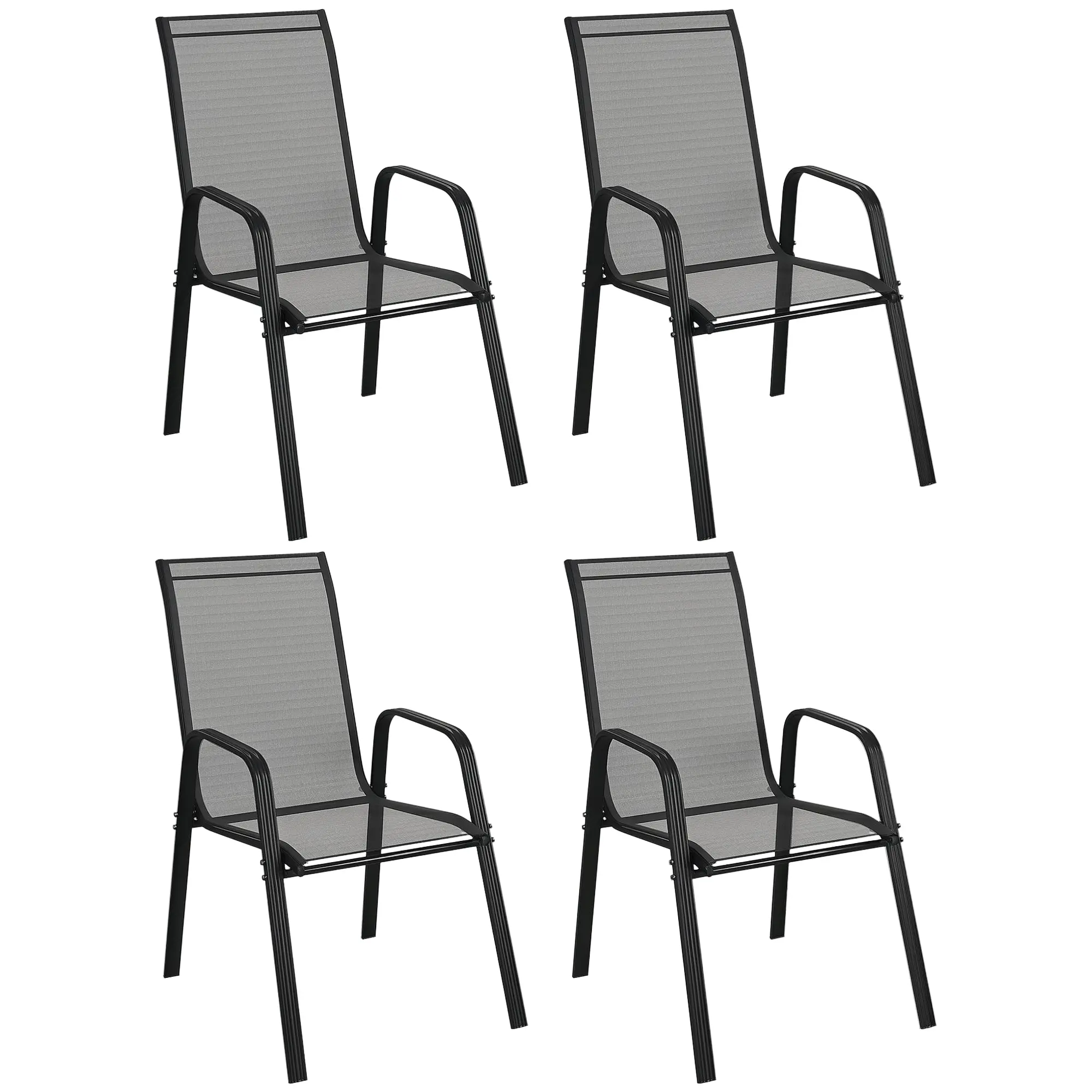4-Pack Stackable Garden Chairs with Armrests, Metal Frame & Waterproof Textilene — For Patio, Balcony, Terrace, Indoor/Outdoor, 21.3×29.7×37.4 in, Black