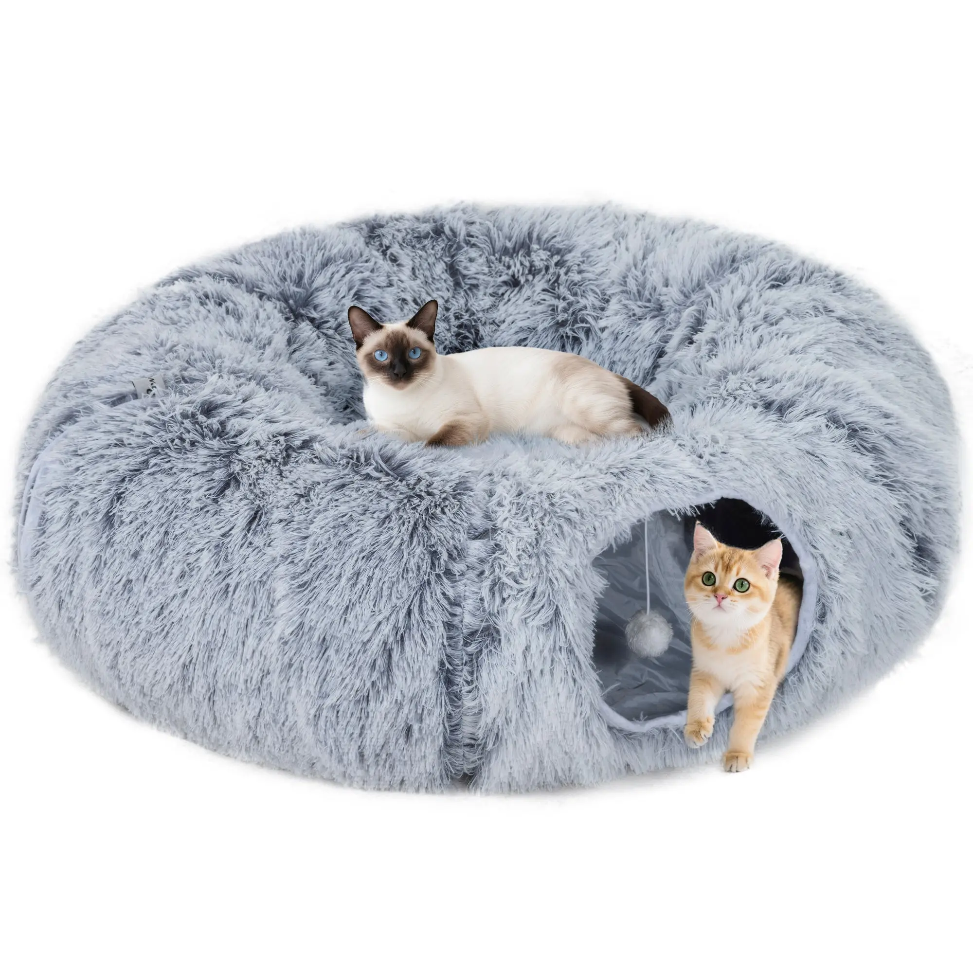 2-in-1 Indoor Cat Tunnel & Plush Suede-Look Donut Bed, Foldable Round Tunnel with Removable Washable Cushion, Ball Toy & Entry Hole — Light Gray