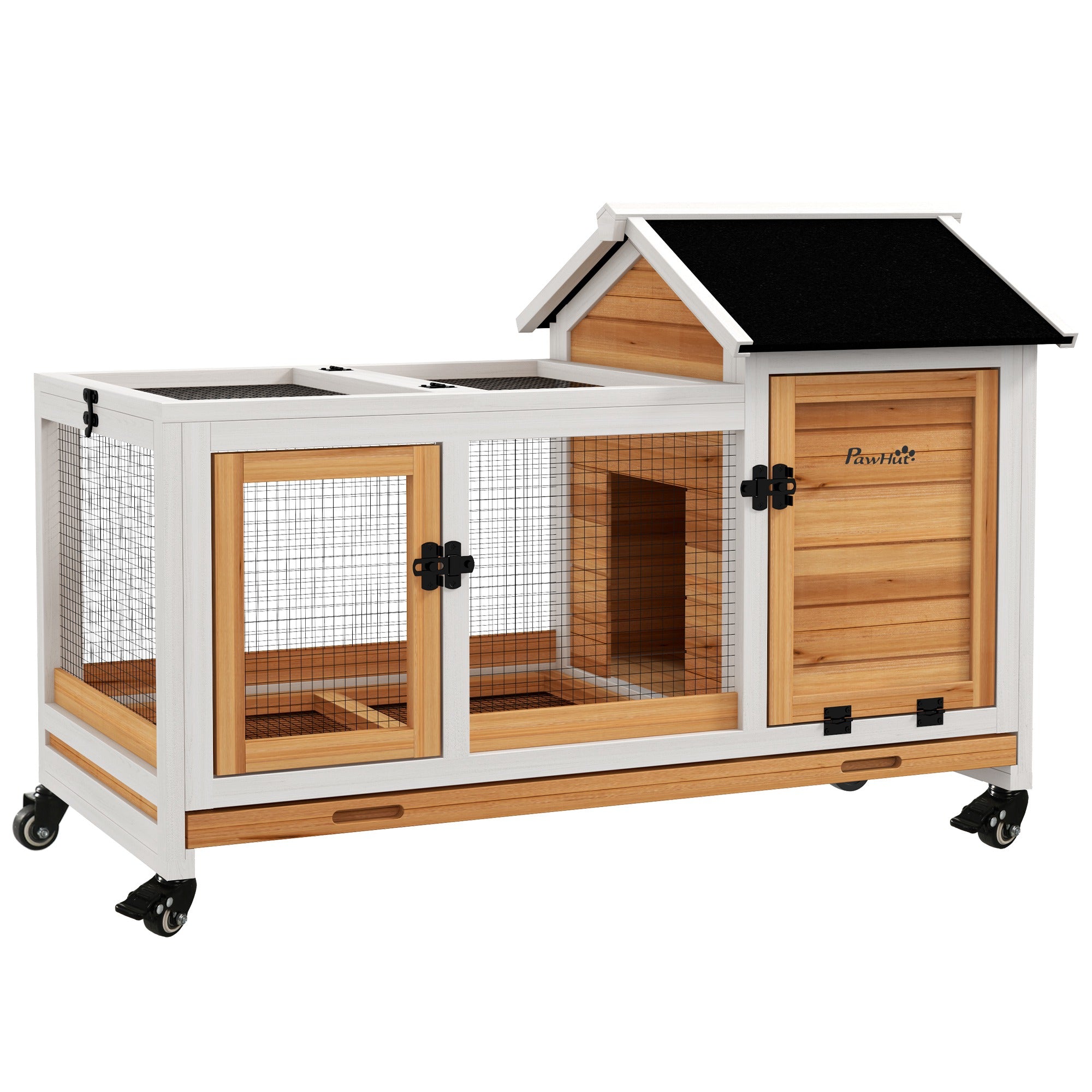 PawHut Wooden Rabbit Hutch with Roof and Wheels Outdoor Indoor Bunny House with Run Flip Top Removable Tray for 1–2 Rabbits 108x58x73.5 cm Natural