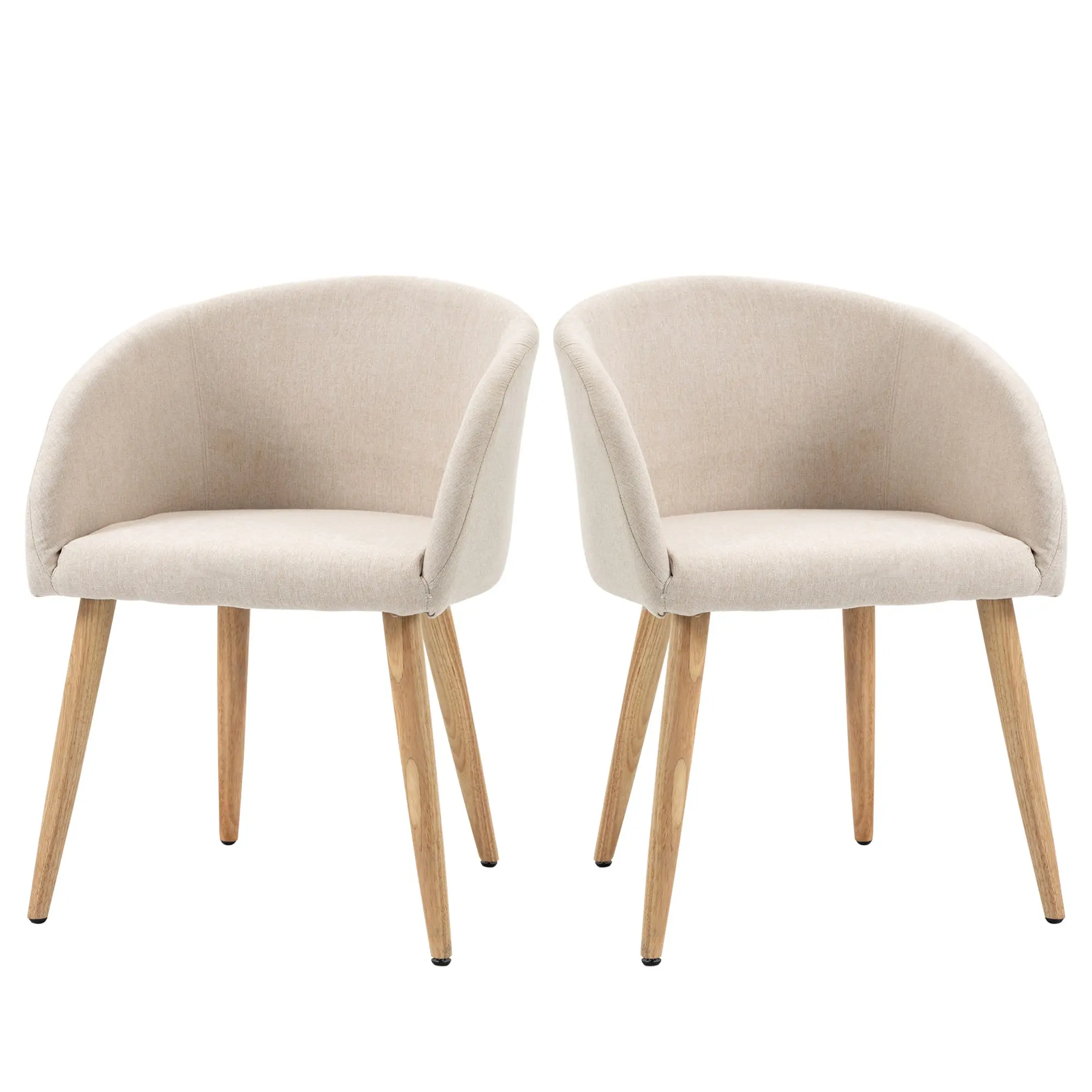 Set of 2 dining chairs kitchen chair Scandinavian Design - Tapered Inclined Rubber Wood Legs - Seat Backrest Armrests Ergonomic Linen Aspect Beige