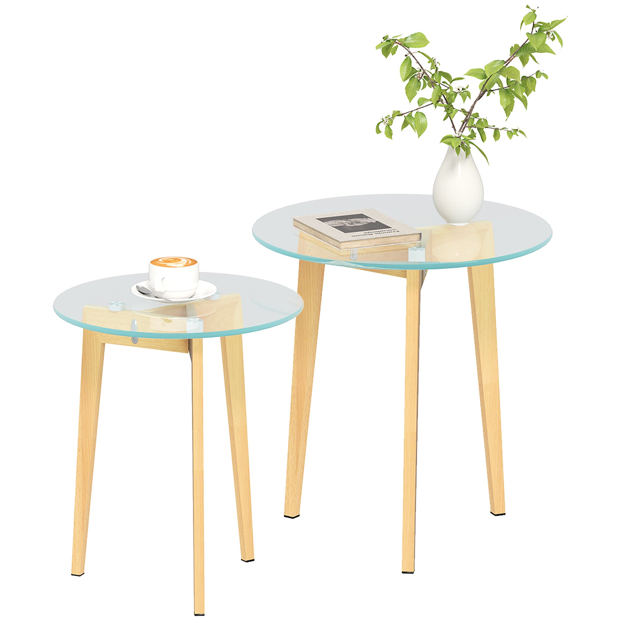 HOMCOM Set med 2 Nesting Sidobord för Vardagsrum med Härdat Glas och Stålram, Små Centerbord för Sovrum Transparent