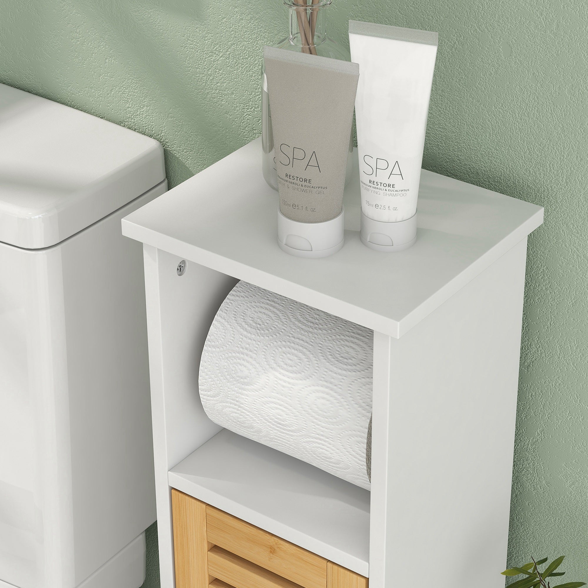 Bathroom Cabinet with Toilet Paper Holder and Removable Rod 3 Levels + Toilet Paper Holder, 21W x 17D x 78H cm, Bamboo and White