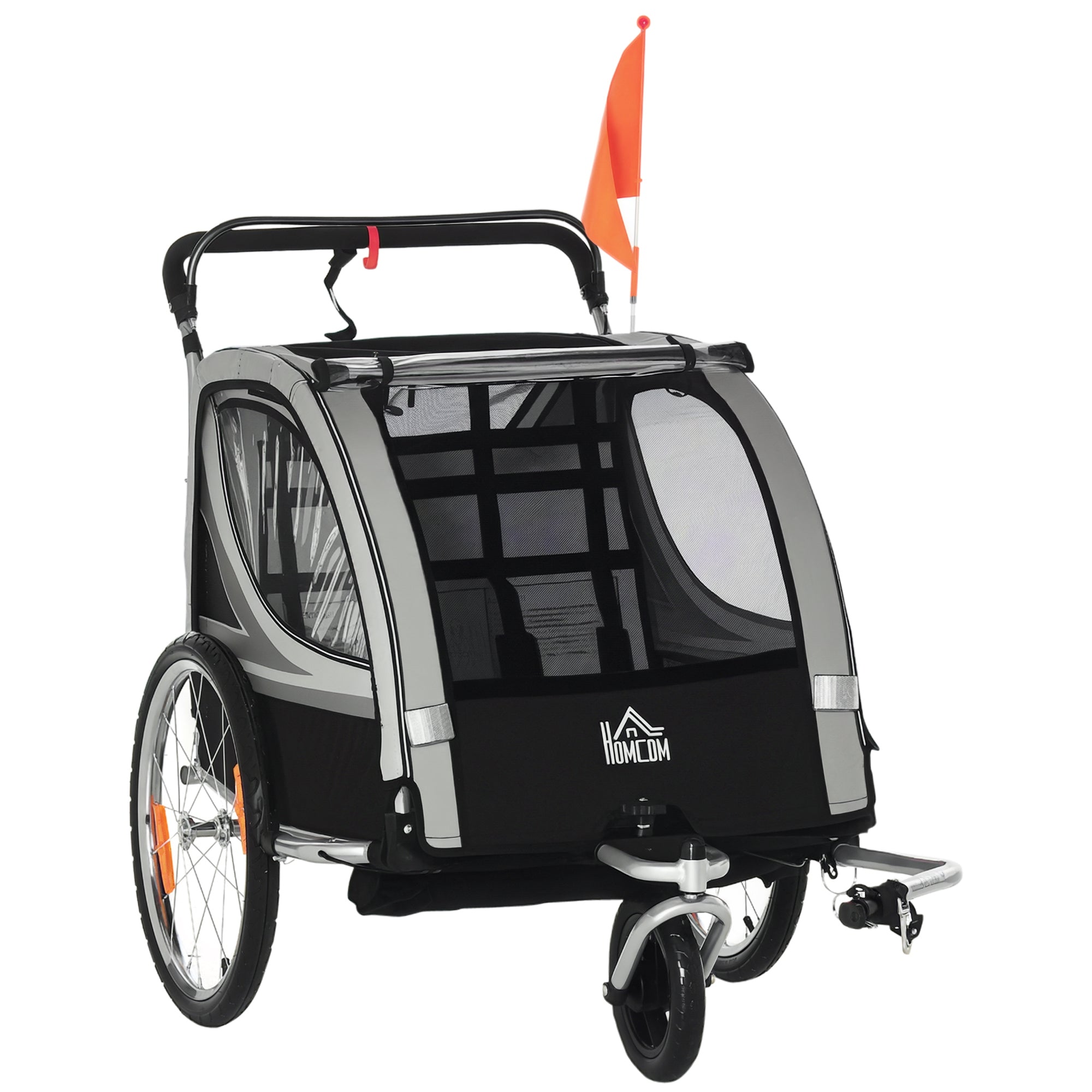 HOMCOM 2-in-1 Kinderfahrradanhänger Faltbarer Fahrradanhänger mit abnehmbarem Vorderrad, Hinterbremse, Fahrradanhänger für 2 Kinder ab 18 Monaten, bis 26,4 kg Tragfähigkeit, Grau