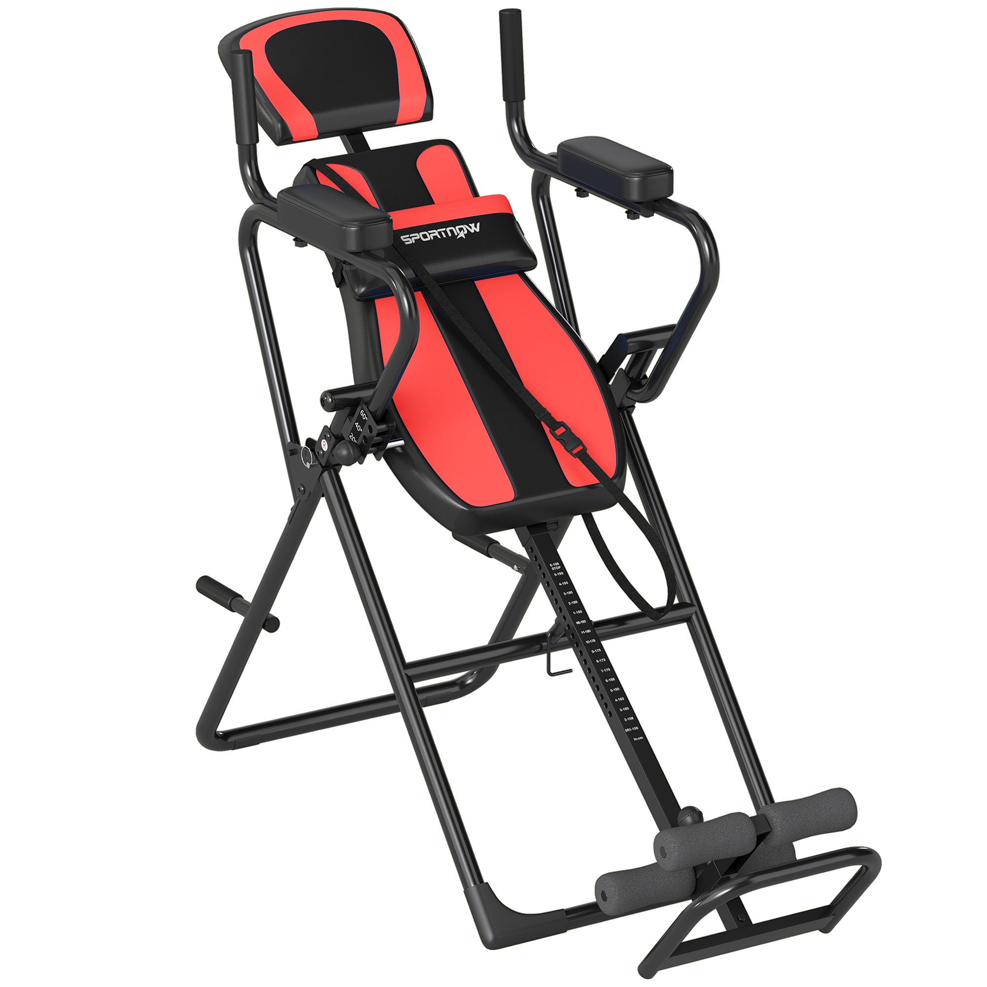 SPORTNOW 3-u-1 sklopivi inverzijski stol s podesivim naslonom za glavu (155–198 cm), šipkom za zgibove i ručkama za sklekove, kutovi 20°/40°/60°, potpora za donji dio leđa, kopča za gležnjeve — crveni