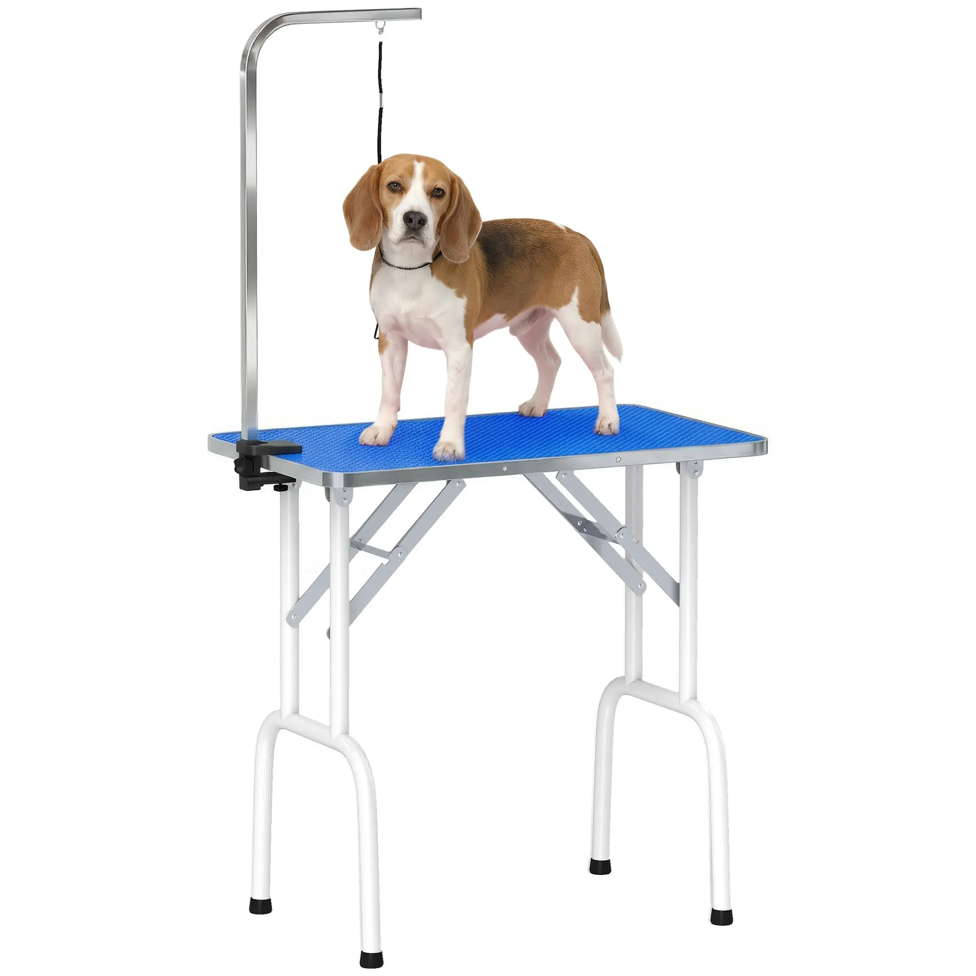 Folding Dog Grooming Table, Non-Slip Top, Adjustable Stainless Steel Arm, for Small & Medium Dogs, 32 x 19 x 31.5 in, Blue