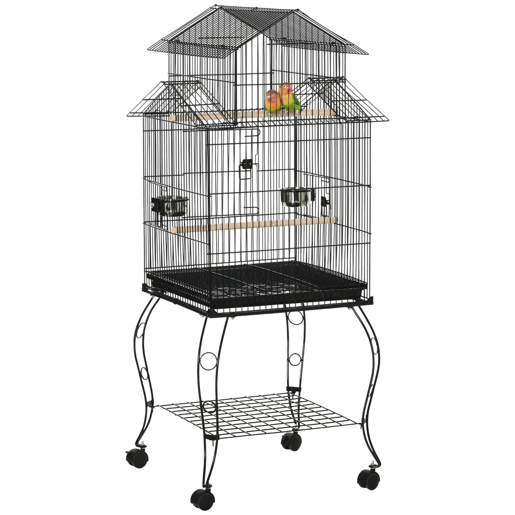 PawHut Vullenkäfig mat Rieder - Grous Käfeg mat Stander, Vullenauskäfeg mat Removable Tray, Dierenfudder, Stangen an ënnen Regal fir Cockatiel, Agapornis an Sun Conure 50x49x137 cm - Schwaarz