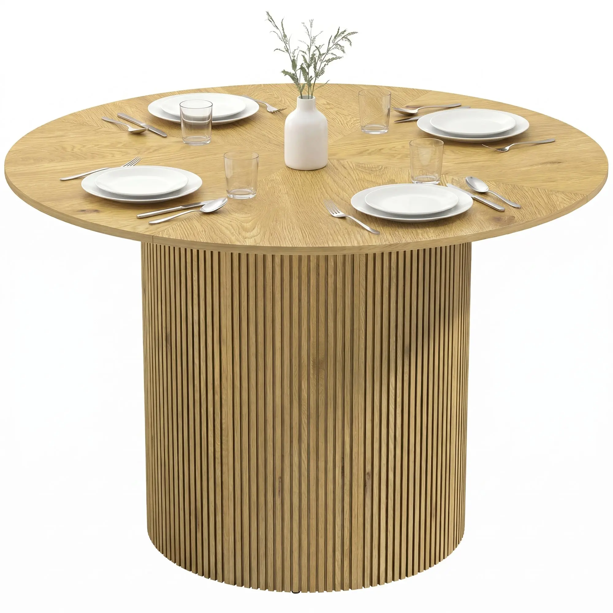 Round Oak Dining Table, Fluted Pedestal — Seats 4–6, 43.3" x 29.5" (110 x 75 cm), 220 lb Capacity