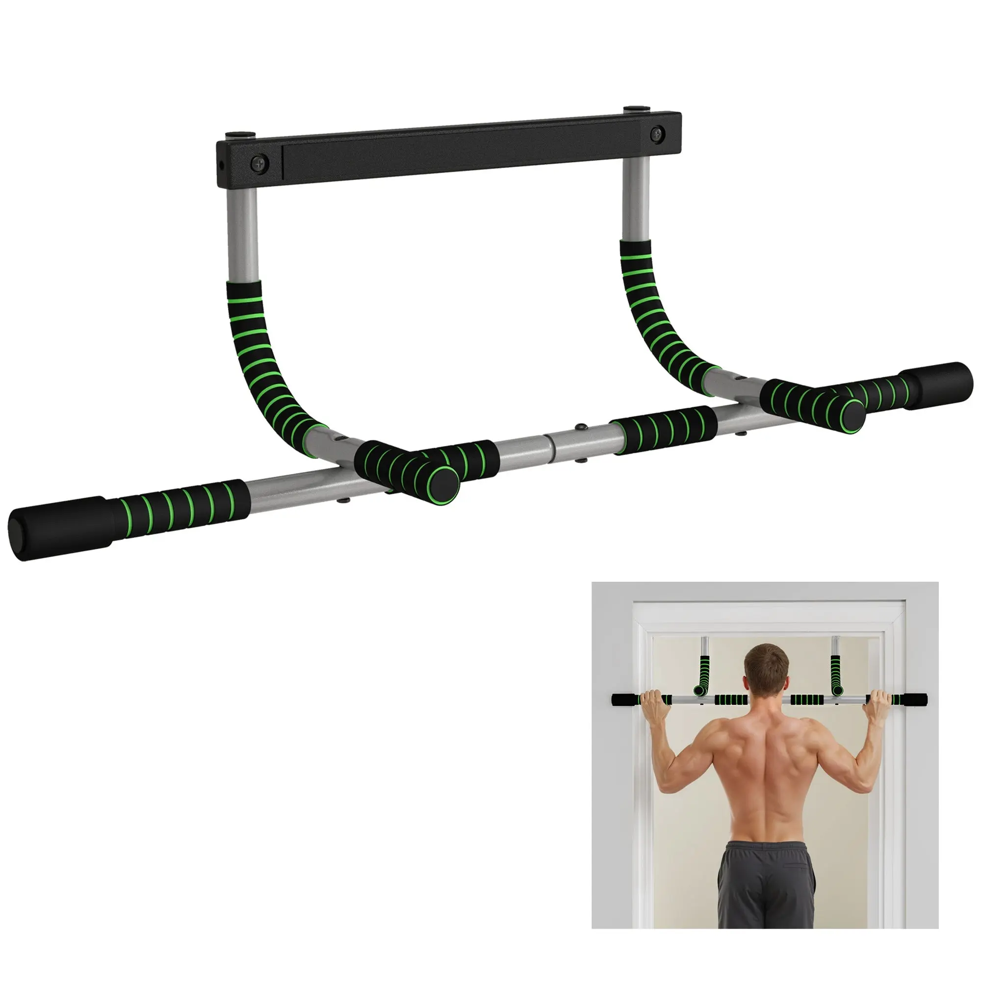 Multifunctional Pull-Up Bar — Door & Floor Use, Non-Slip Handles, 110 kg Capacity, Gray/Black