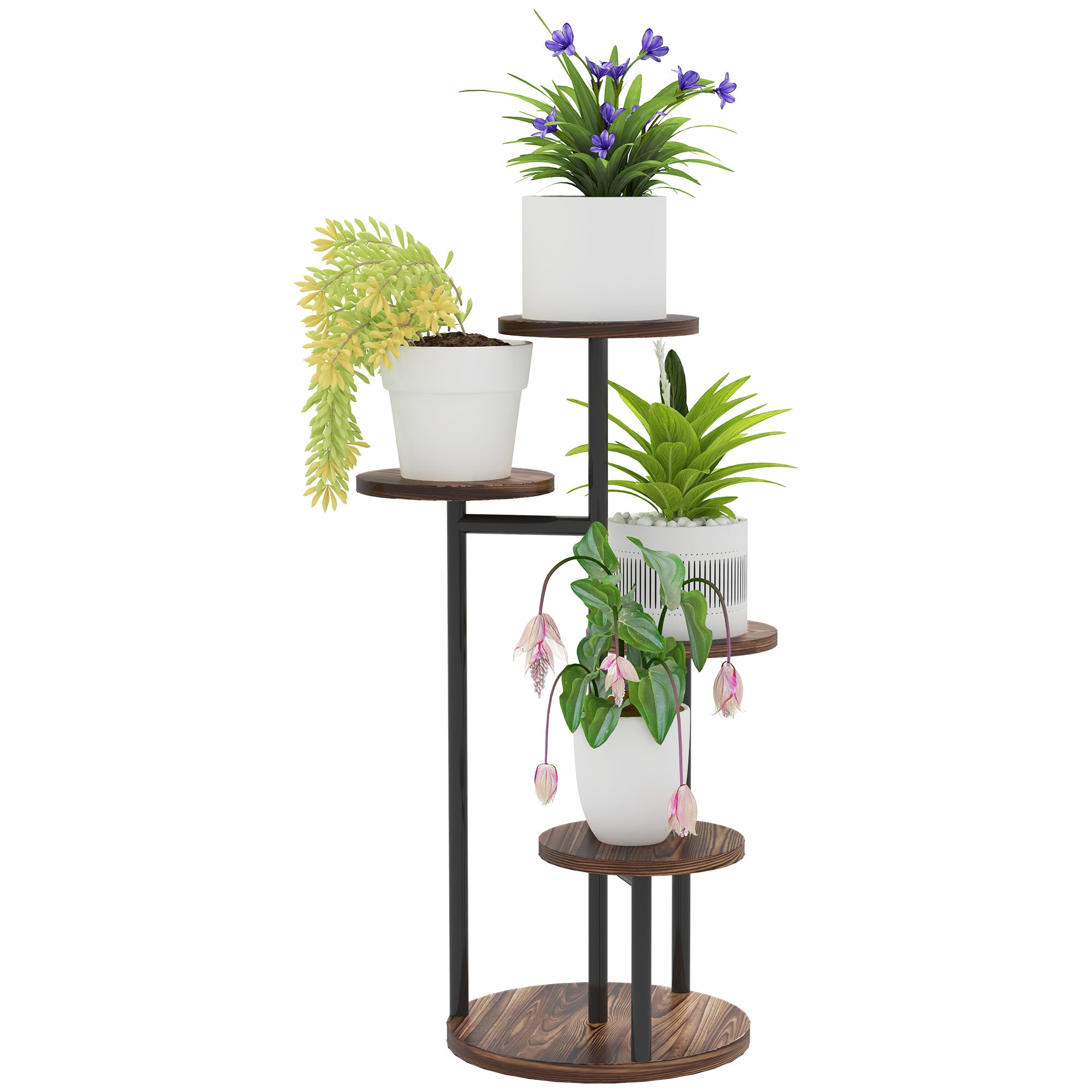 Outsunny 5-Lags Planteholder i Træ og Stål med 5 Runde Hylder til Blomsterkrukker til Indendørs og Udendørs Brug 43x43x70 cm Forkullet