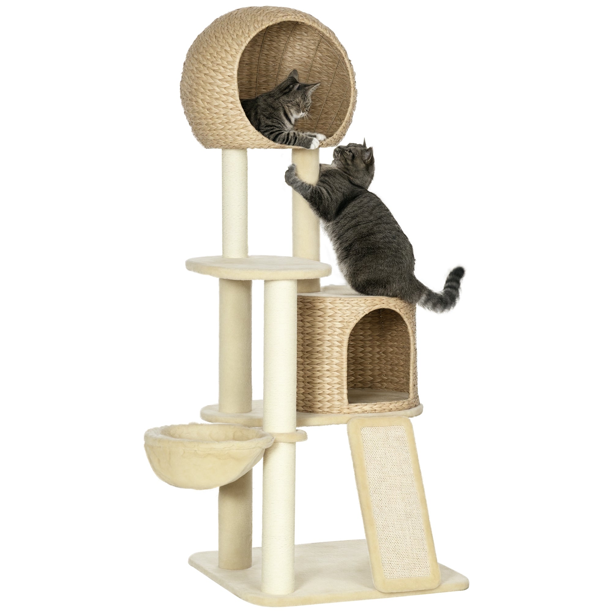 PawHut 150cm Cat Tree Tower with Cat House and Hammock, Large Cat Scratching Post with Sisal Poles, Climbing Ramp and Perch, Multi Level Cat Activity Centre with Anti Tip Kit, Beige