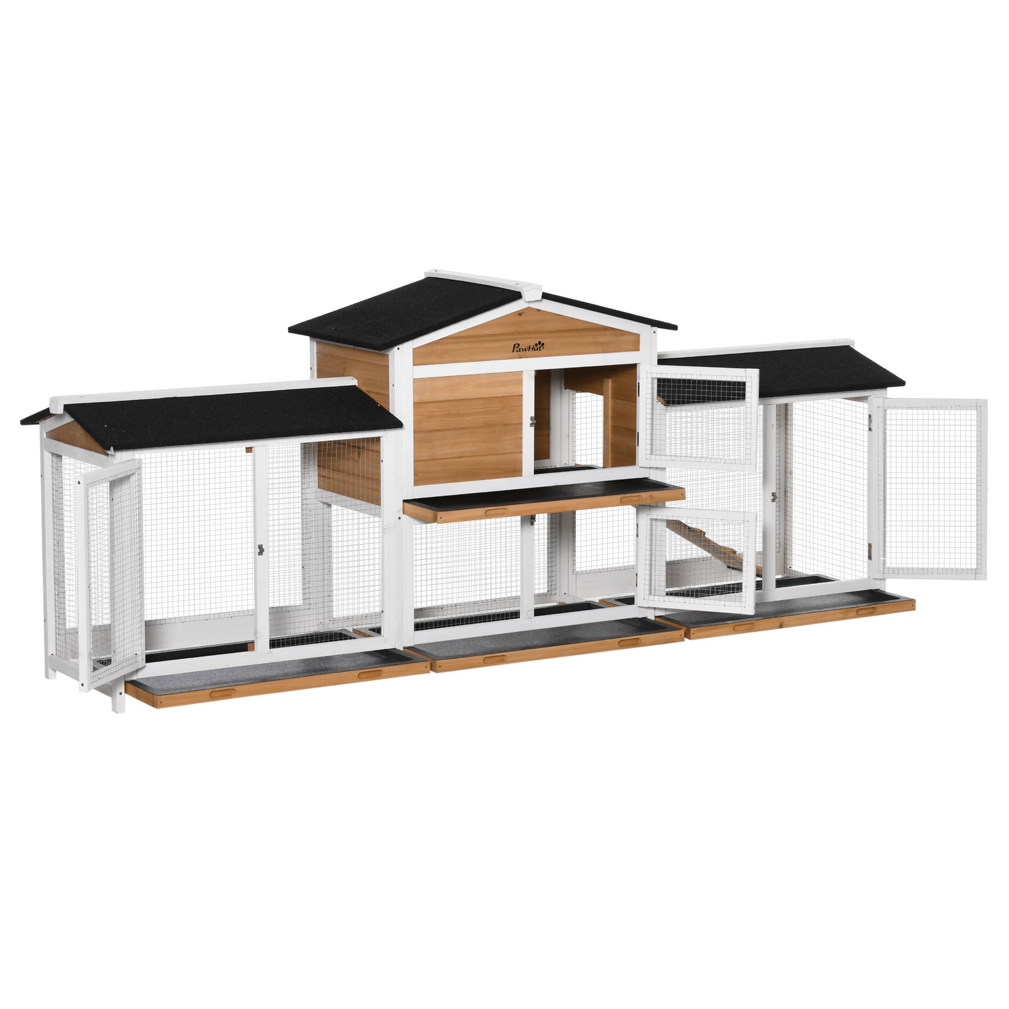 Small Animal Hutch Dwarf Rabbit Hutch with Run Ramp Guinea Pig Hutch Small Animal Cage with Asphalt Roof Outdoor Winterproof Pine Wood White 230 x 53 x 93.5 cm