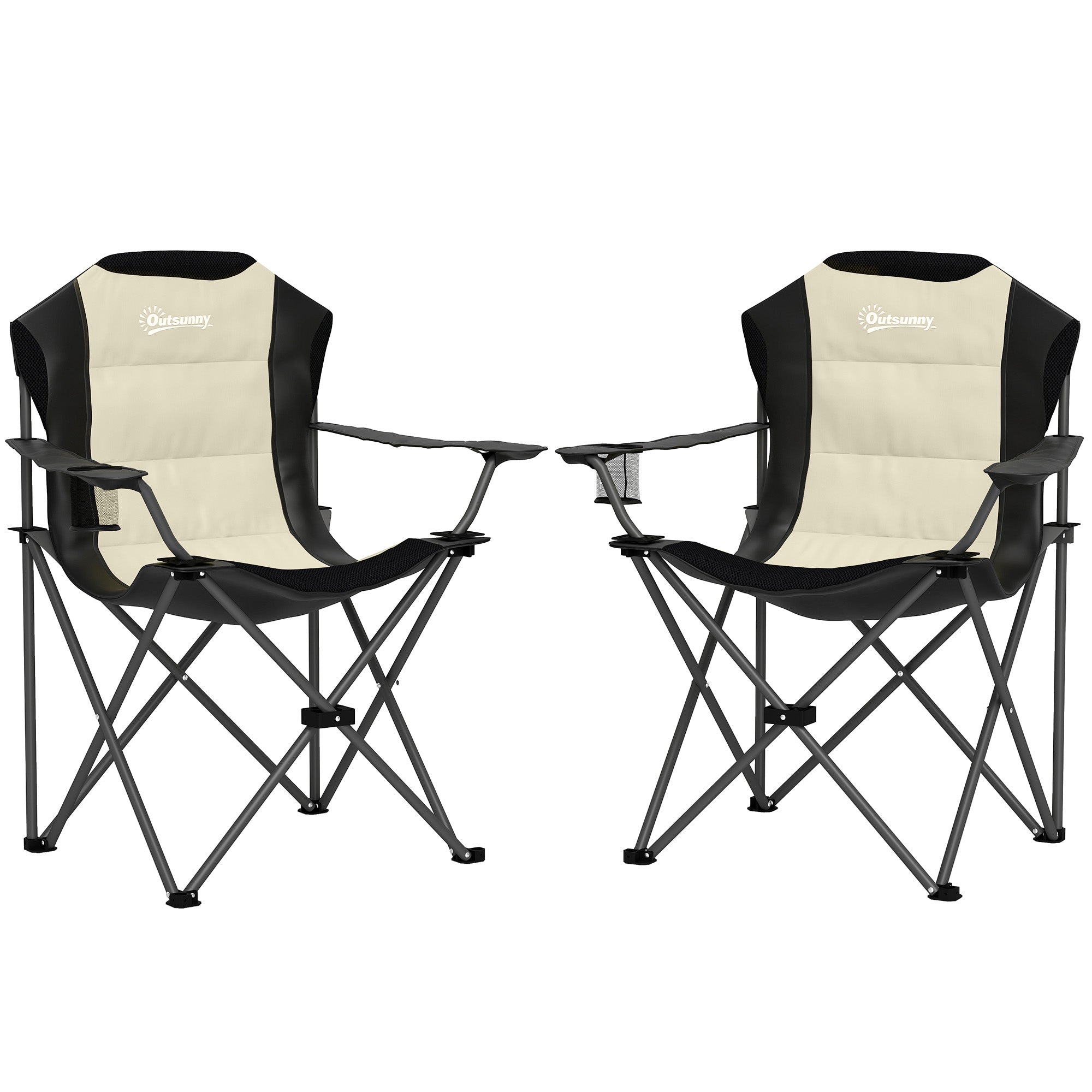 Outsunny Set van 2 Hoge Rug Vouwstoelen voor Kamperen met Draagbare Armleuningen, Drinkhouders en Draagtassen voor Kamperen, Tuin, Terras Crème en Zwart