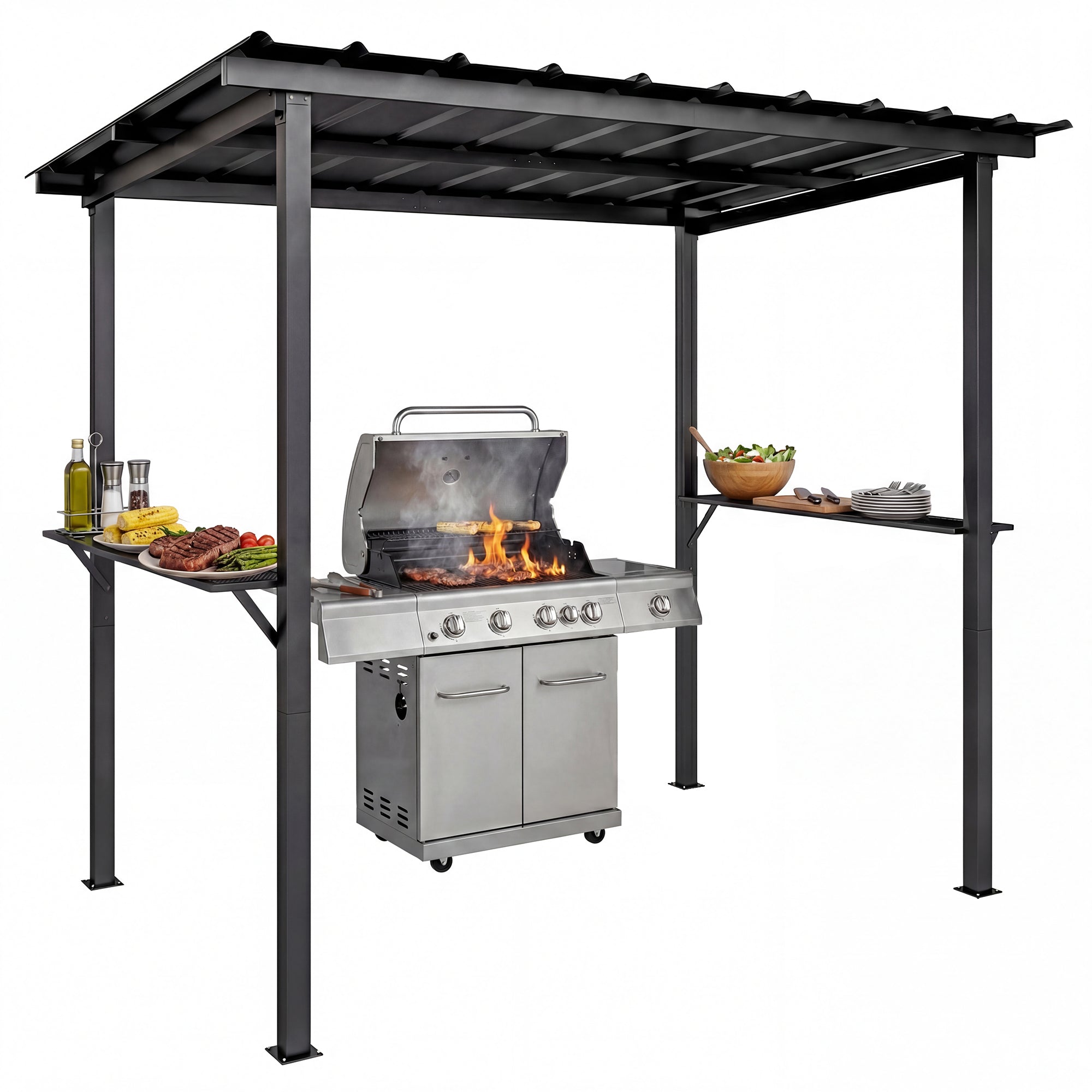 Outsunny Grillpavillon 271 x 182 x 229 cm – havepavillon med skråtag, sidehylder og UPF50+ solbeskyttelse, sort