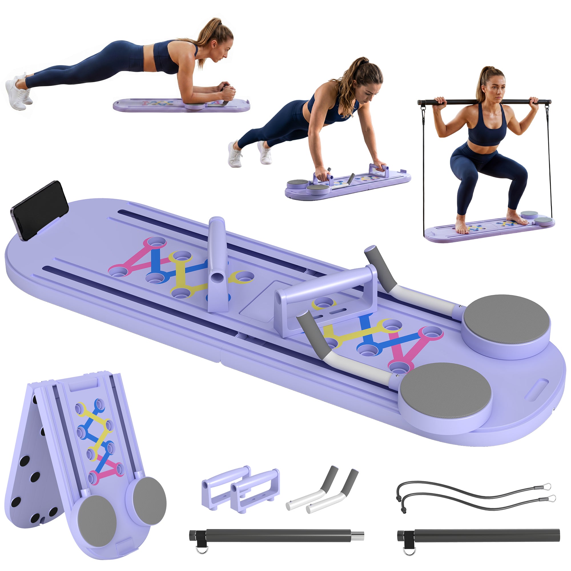 SPORTNOW 5-in-1 Foldable Pilates Reformer Board for Home Workouts – Portable Fitness Equipment with Resistance Bands & Push-Up Handles, Full-Body Training, Light Blue