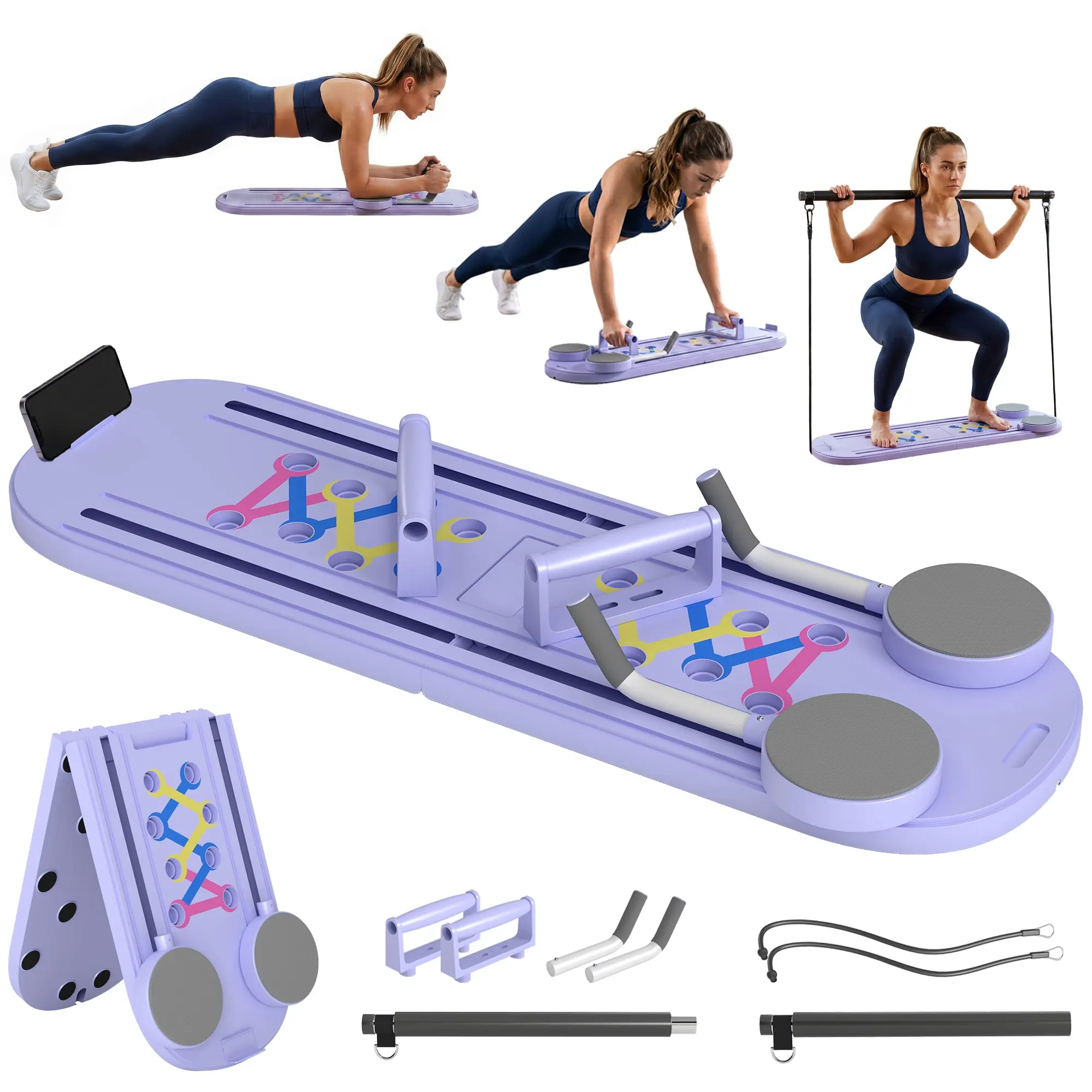 SPORTNOW 5-in-1 Foldable Pilates Reformer Board for Home Workouts – Portable Fitness Equipment with Resistance Bands & Push-Up Handles, Full-Body Training, Light Blue