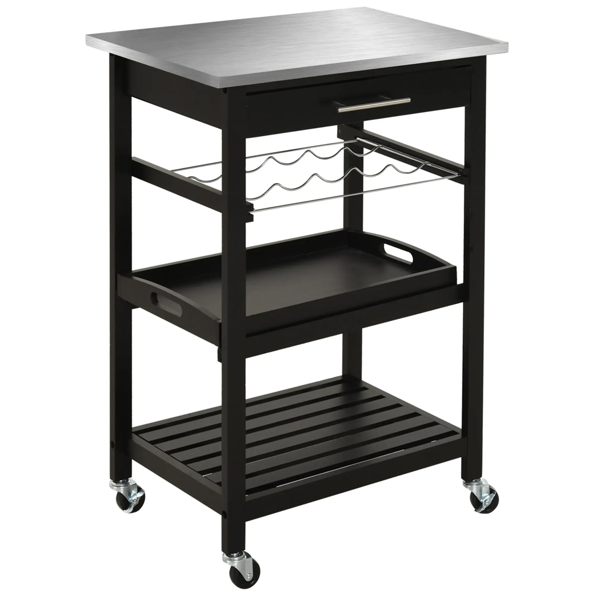 Kitchen Service Trolley Kitchen Cart with Bottle Storage Shelf 60L x 40W x 85H cm Stainless Steel Top. Black