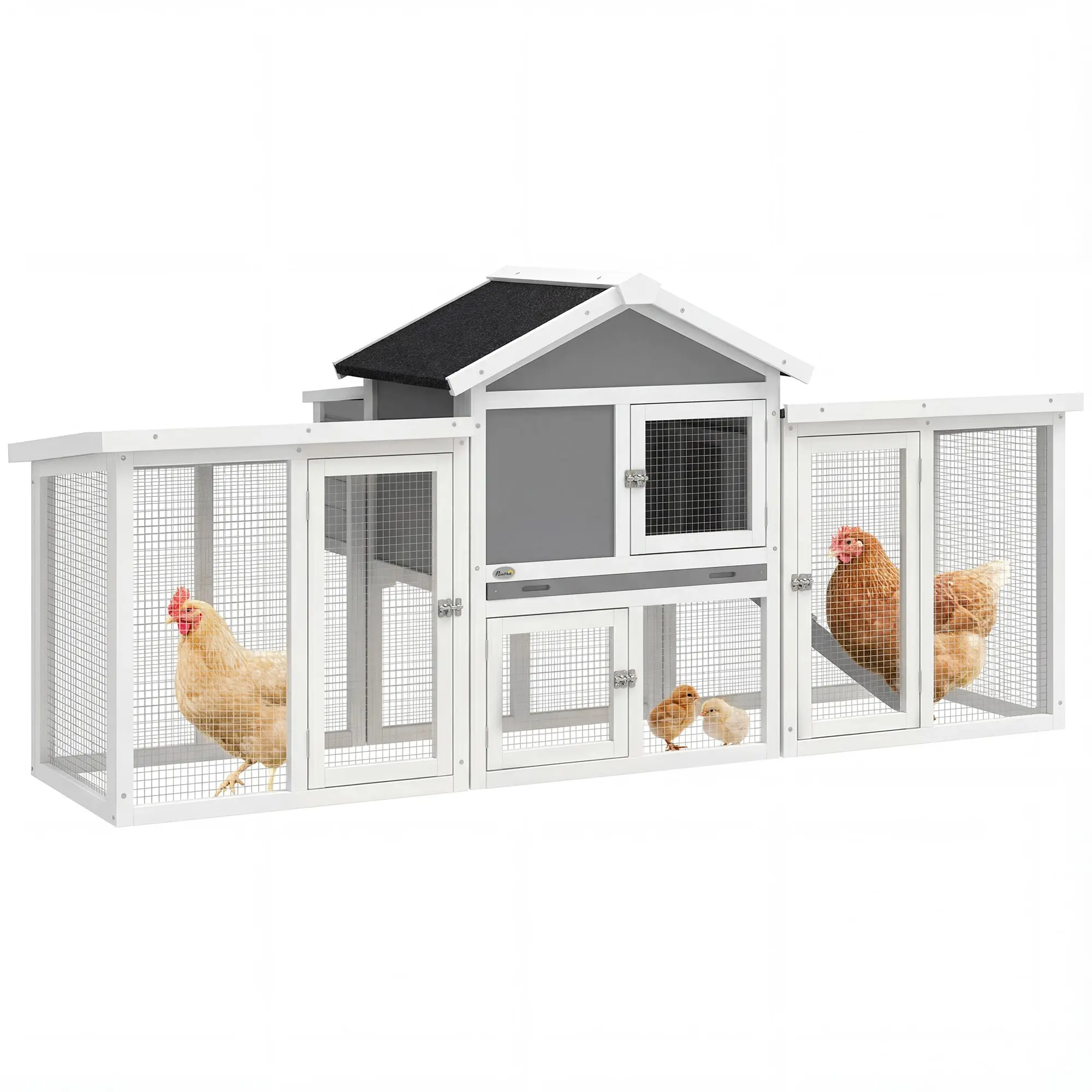 Large Outdoor Wooden Chicken Coop, 80.3 x 33.5 x 36.6 in (204 x 85 x 93 cm) — Nesting Box, Run, Removable Tray, Waterproof Roof, Ramp & Perch — Also for Rabbits & Ducks, Gray