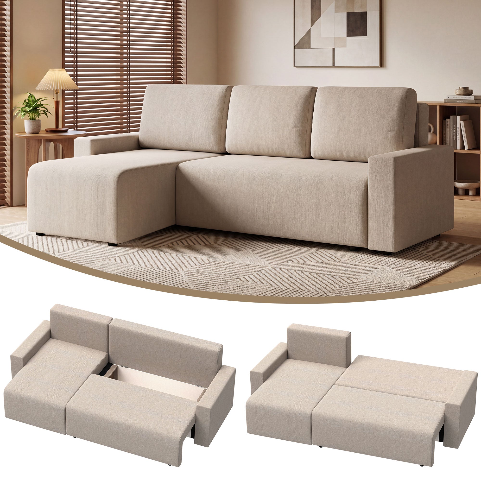 HOMCOM L-formet sovesofa til 3 personer med vendbar chaiselong – kunstruskind, beige