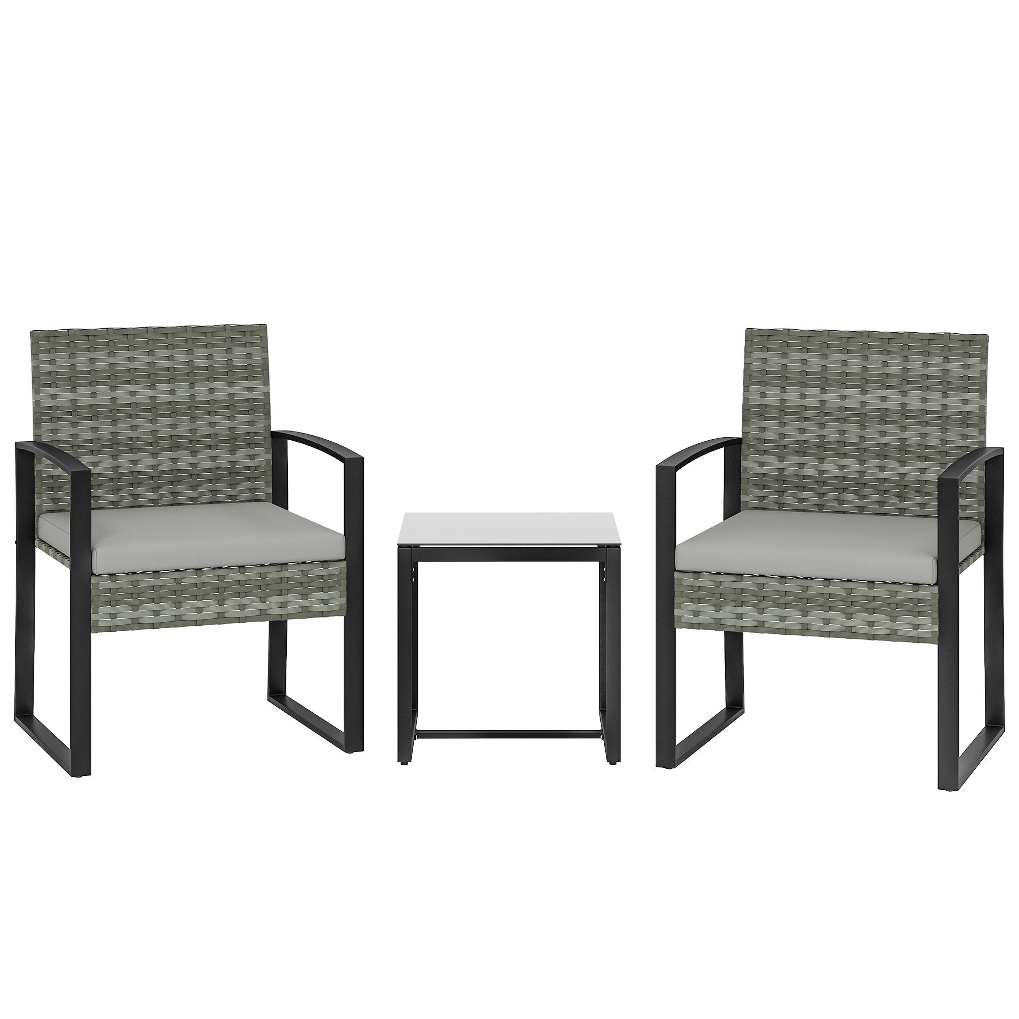 Outsunny PE-Rattan Bistro-Set, 3-deellegt Garteset mat 2 Stullen, Seitendësch, ofnehmbare Polster, Balkon/Terrass, Hellgrau